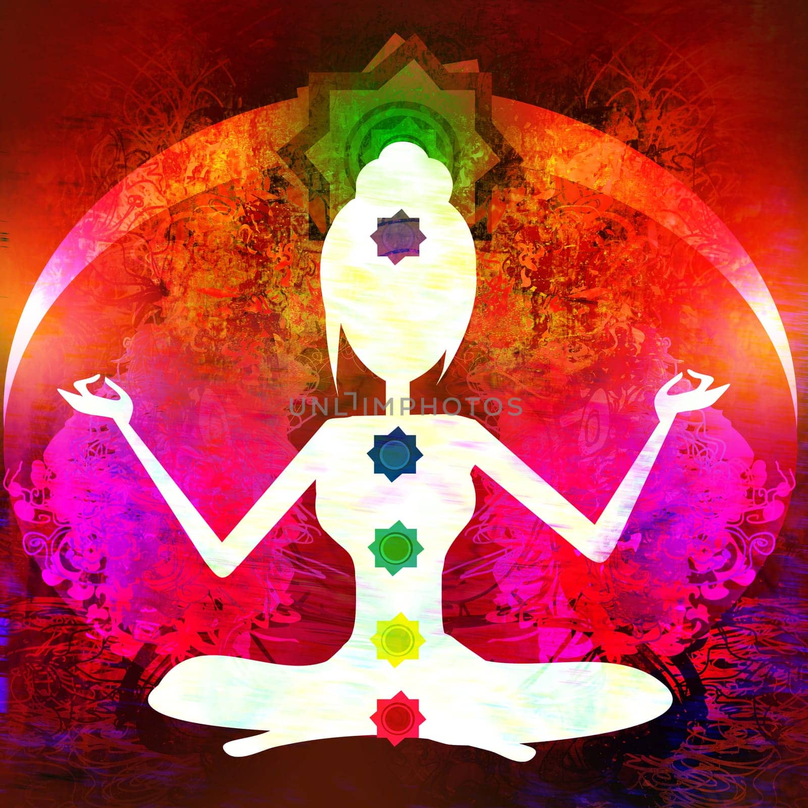 Yoga lotus pose. Padmasana with colored chakra points.
