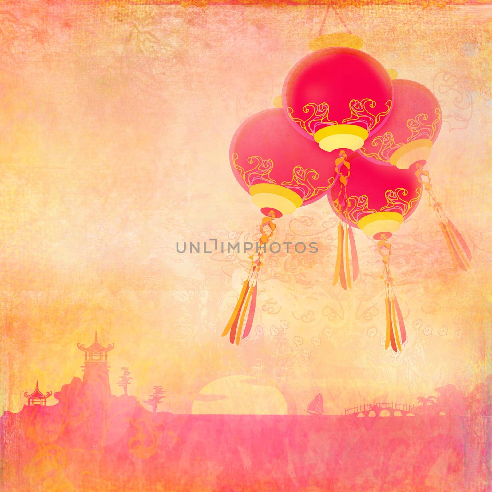 Asian Landscape and Chinese Lanterns