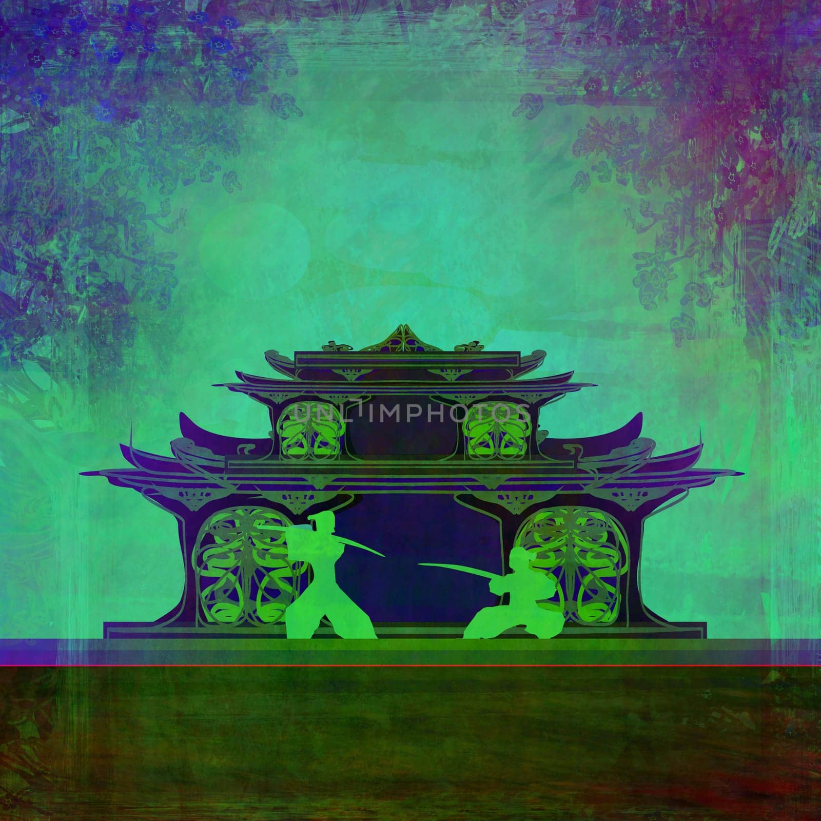 Samurai silhouette in Asian Landscape