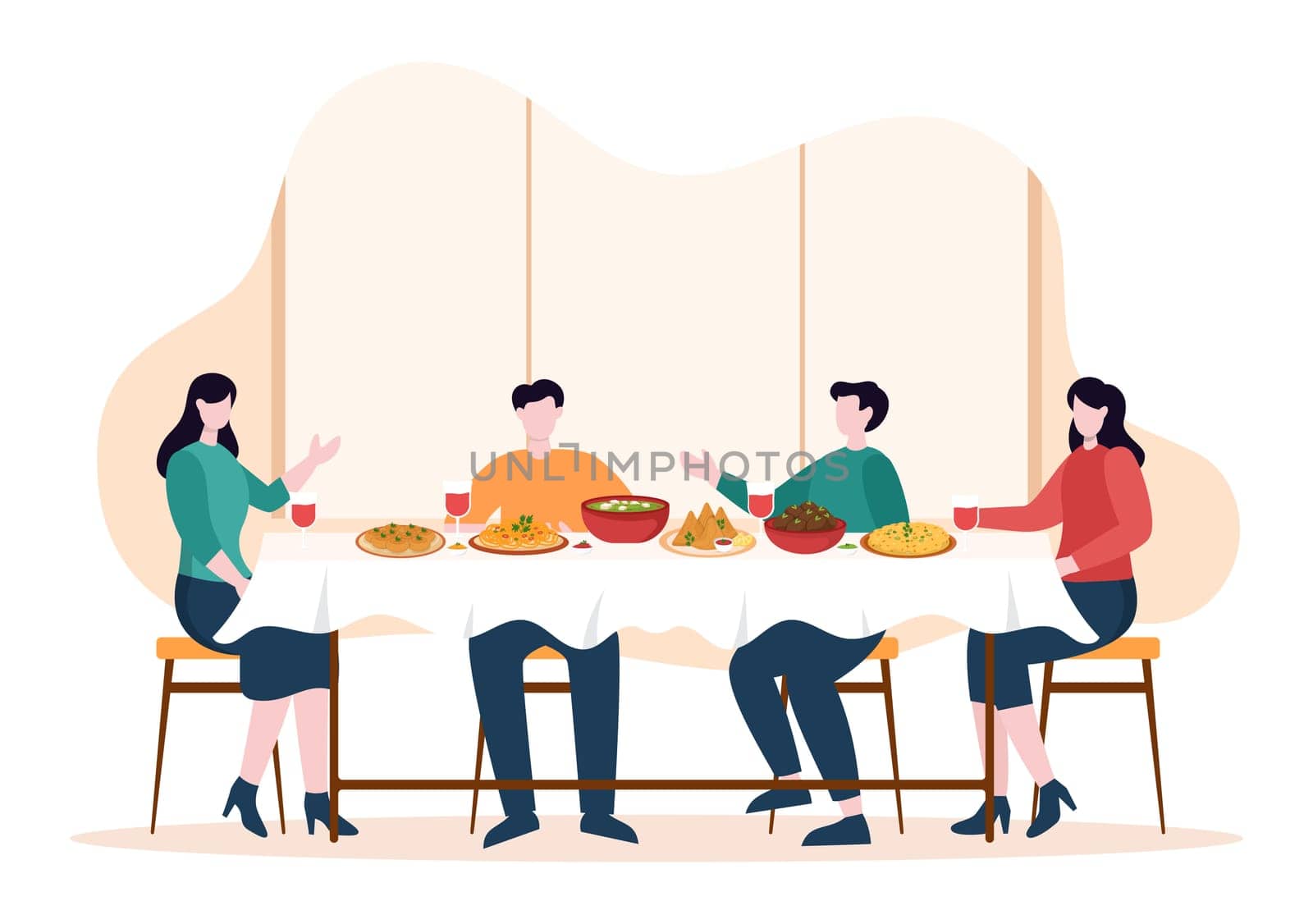 Indian Food Cartoon Illustration with Various Collections of Delicious Traditional Cuisine and Some People Eating it in a Restaurant