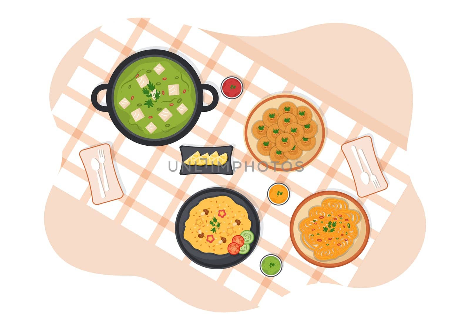 Indian Food Cartoon Illustration with Various Collection of Delicious Traditional Cuisine Dishes in Flat Style Design