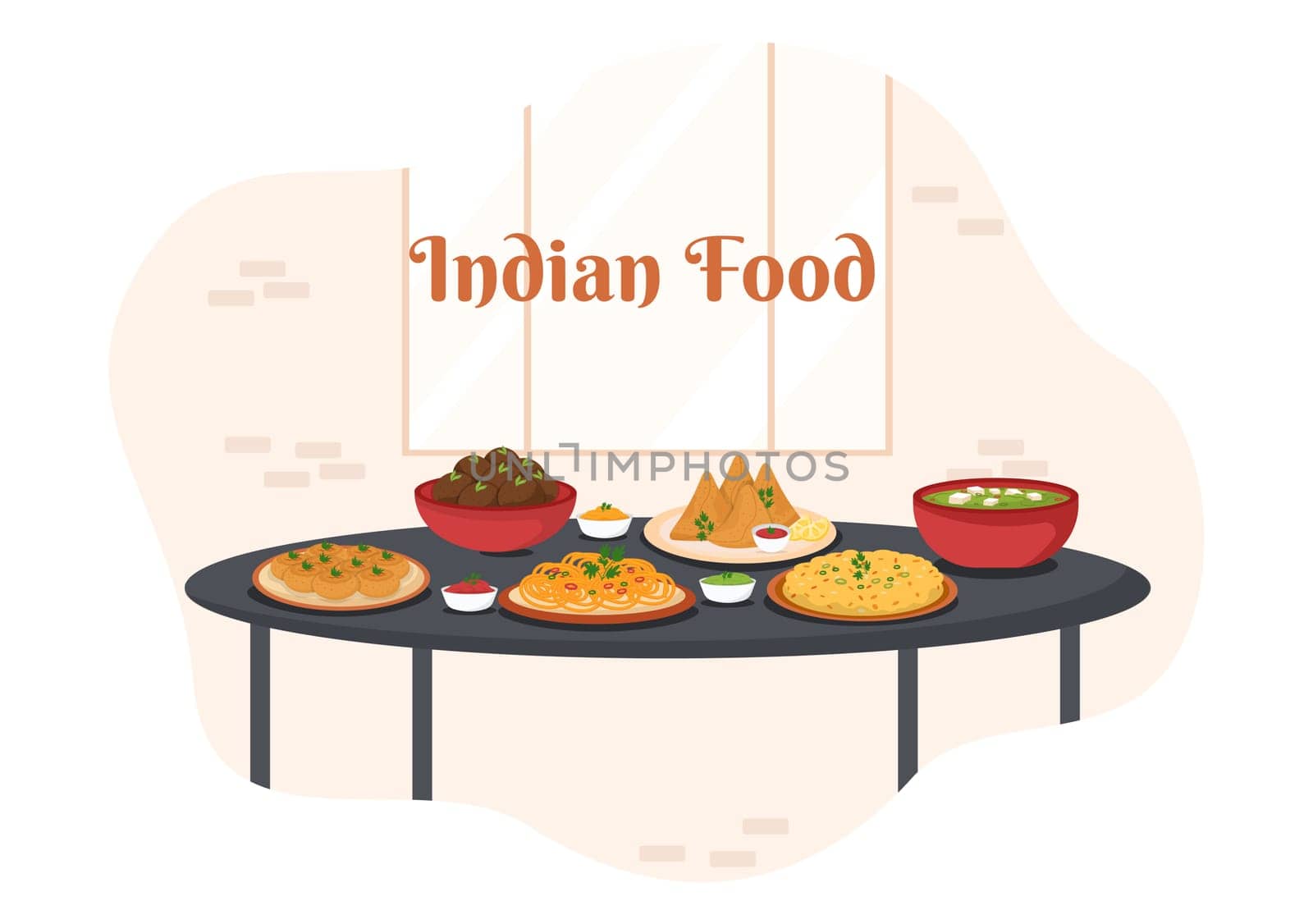 Indian Food Cartoon Illustration with Various Collection of Delicious Traditional Cuisine Dishes in Flat Style Design