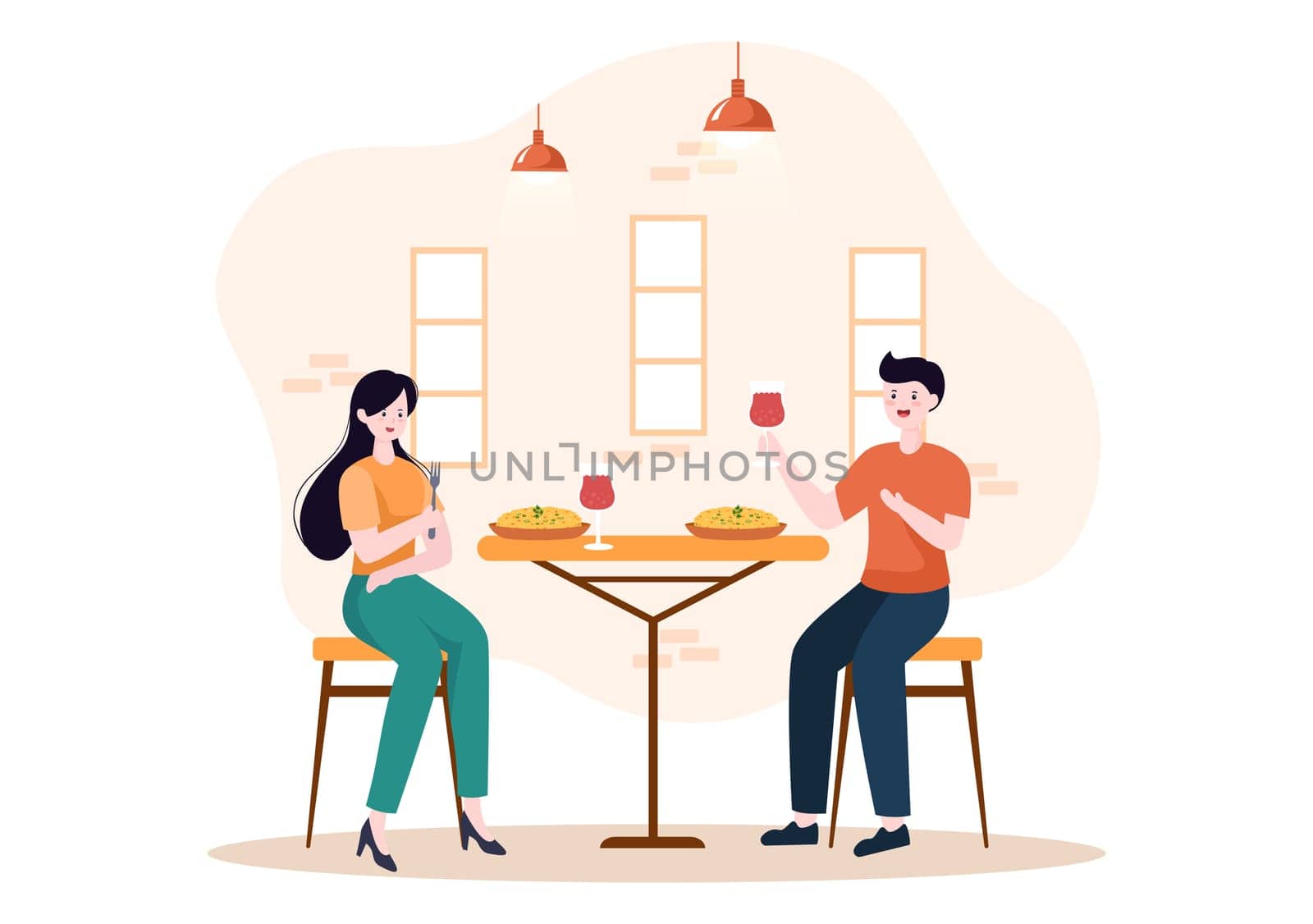Indian Food Cartoon Illustration with Various Collections of Delicious Traditional Cuisine and Some People Eating it in a Restaurant