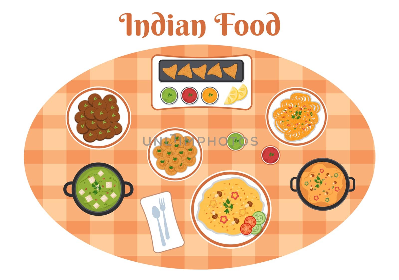 Indian Food Cartoon Illustration with Various Collection of Delicious Traditional Cuisine Dishes in Flat Style Design