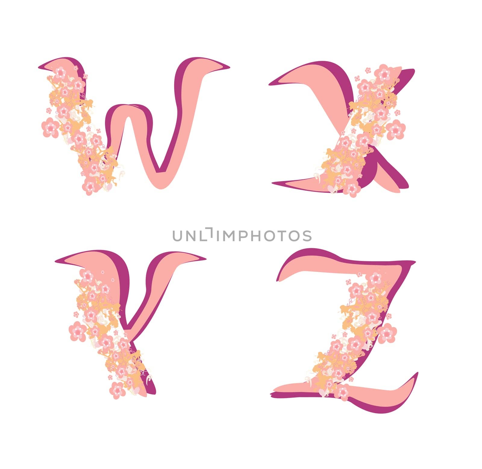 Vector spring alphabet with flowers letters W,X,Y,Z
