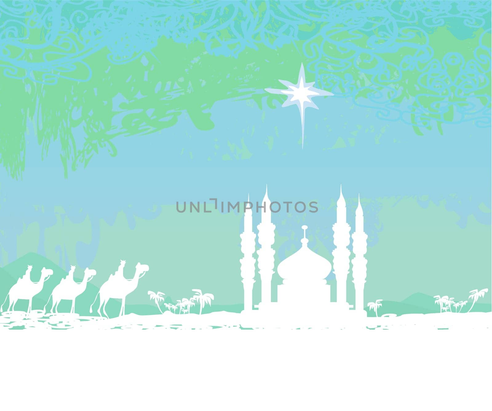 Classic three magic scene and shining star of Bethlehem, vector illustration