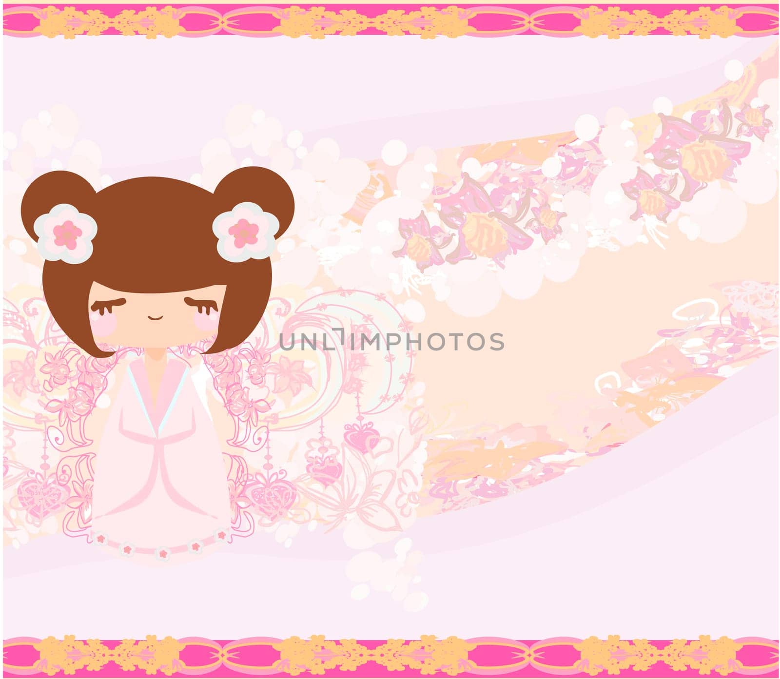Kokeshi doll on the pink background with floral ornament
