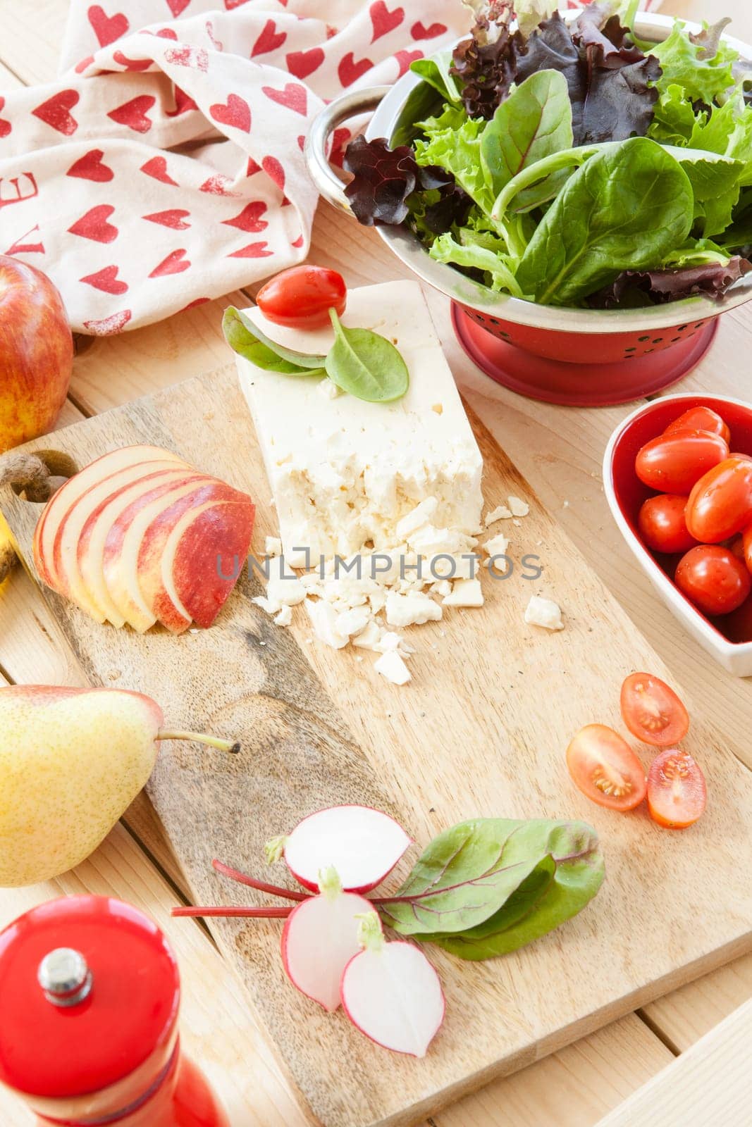 Ingredients for fresh salad with apple and feta