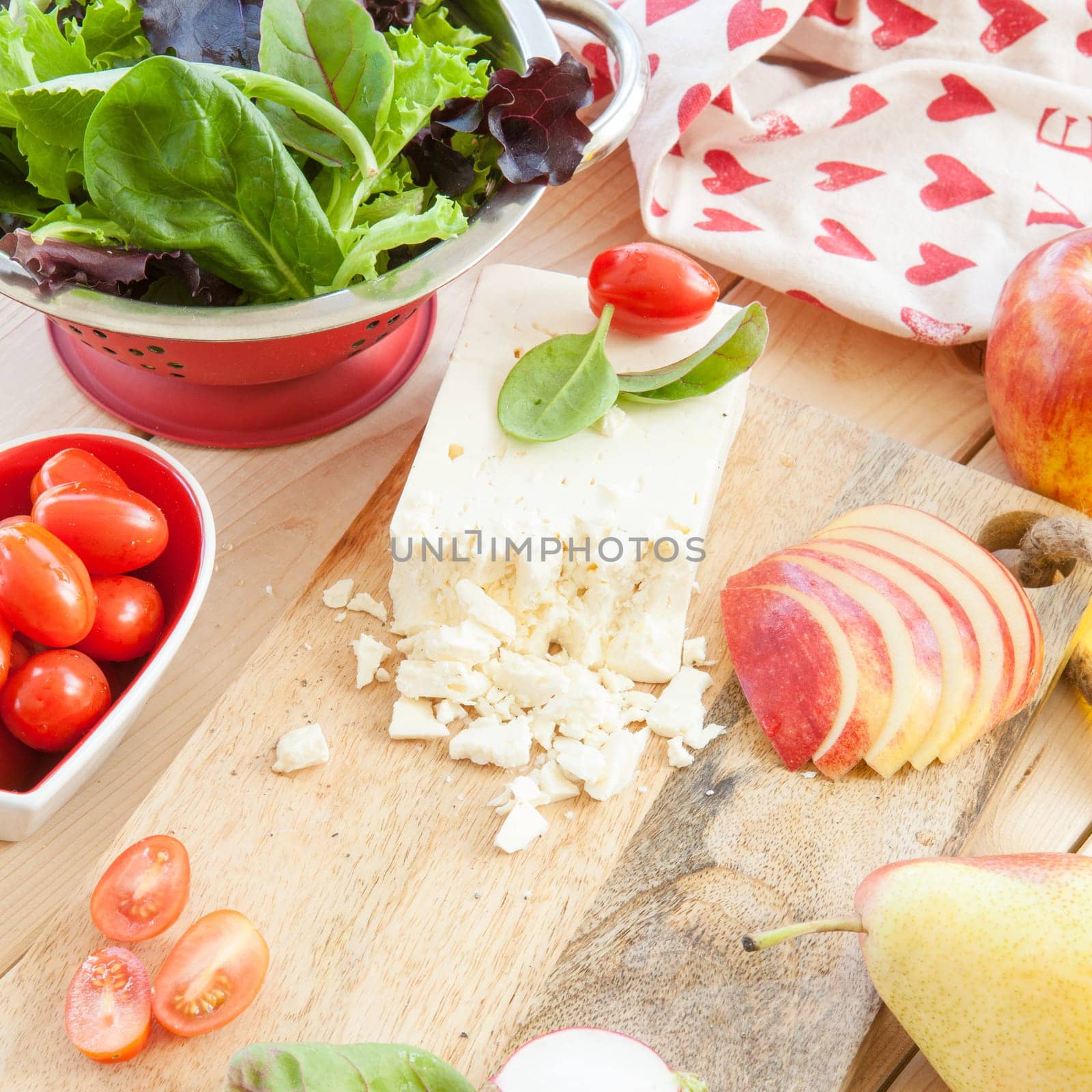 Ingredients for fresh salad with apple and feta