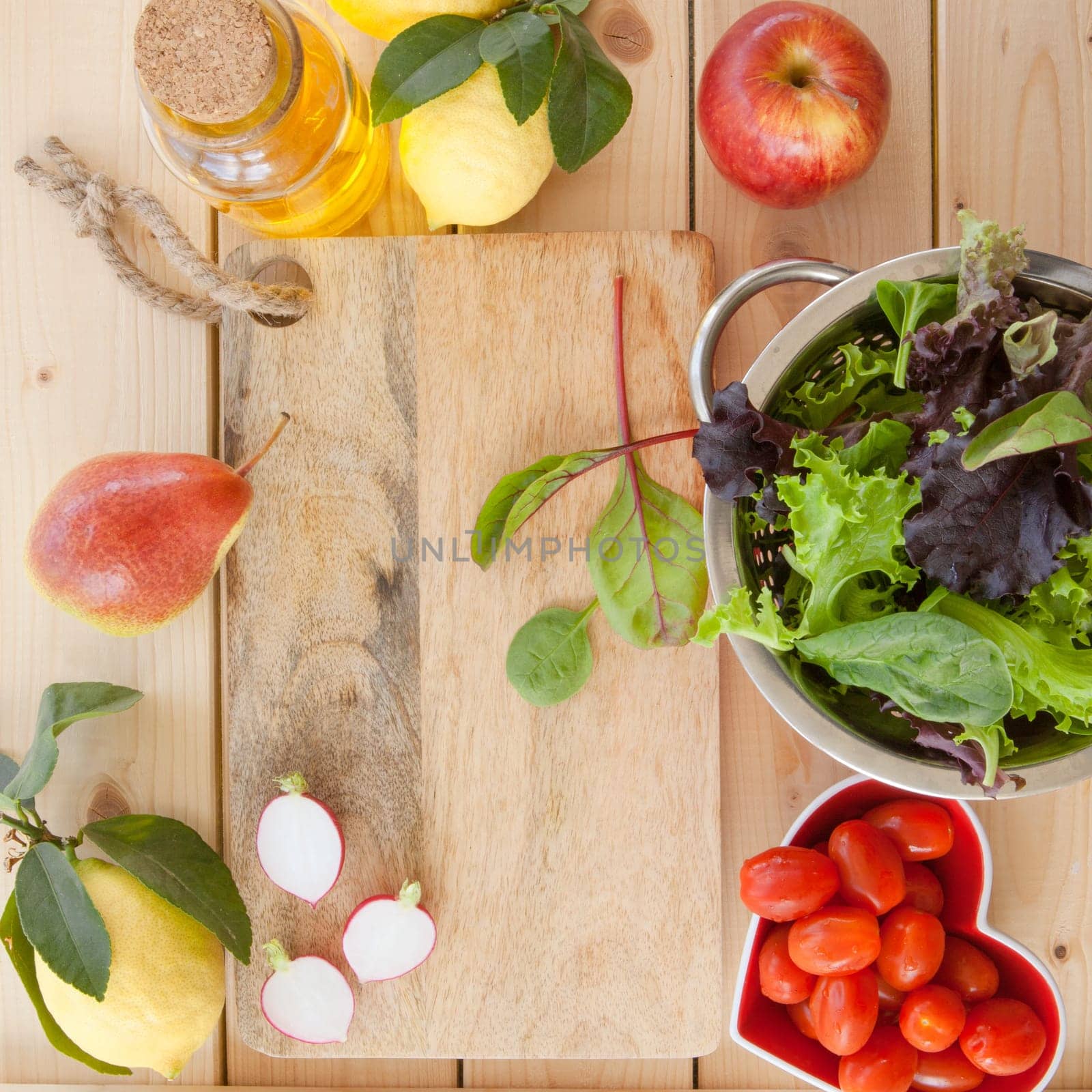 Ingredients for fresh salad with apple and feta