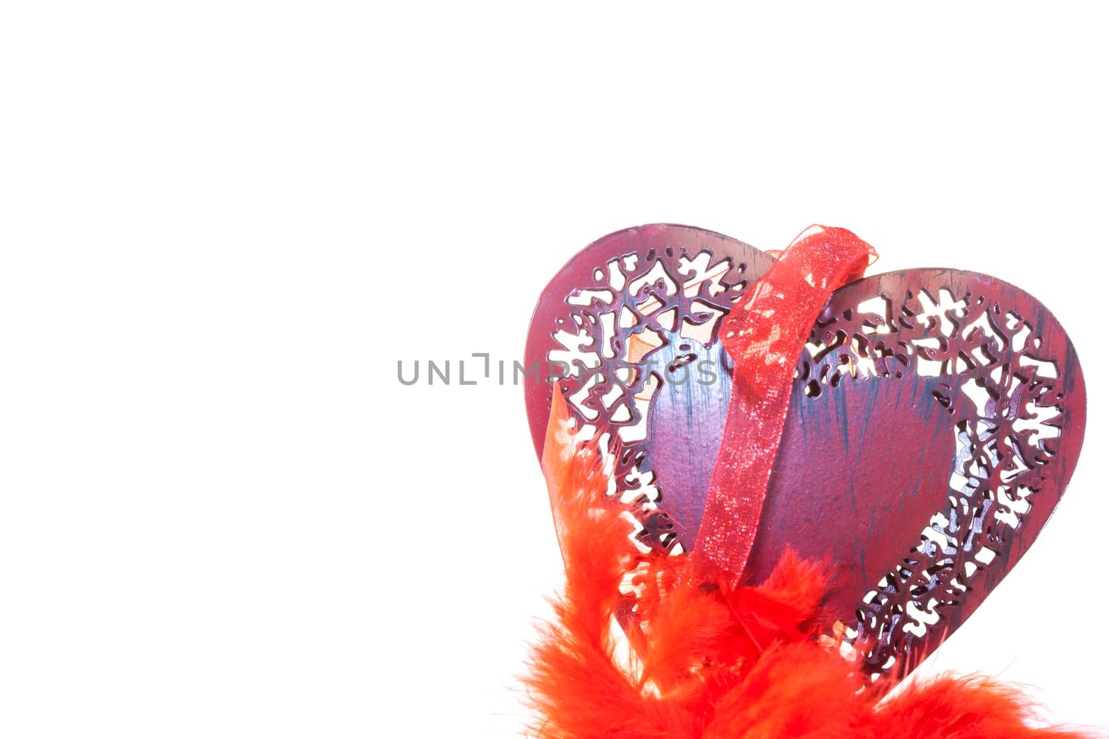 Wooden red hearth. Decoration for wedding party