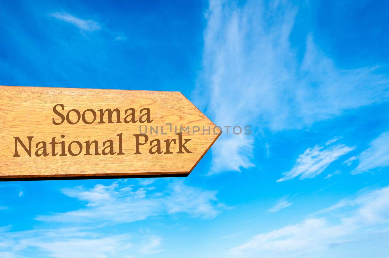 Wooden arrow sign pointing destination TALLINN, ESTONIA against clear blue sky with copy space available. Travel destination conceptual image