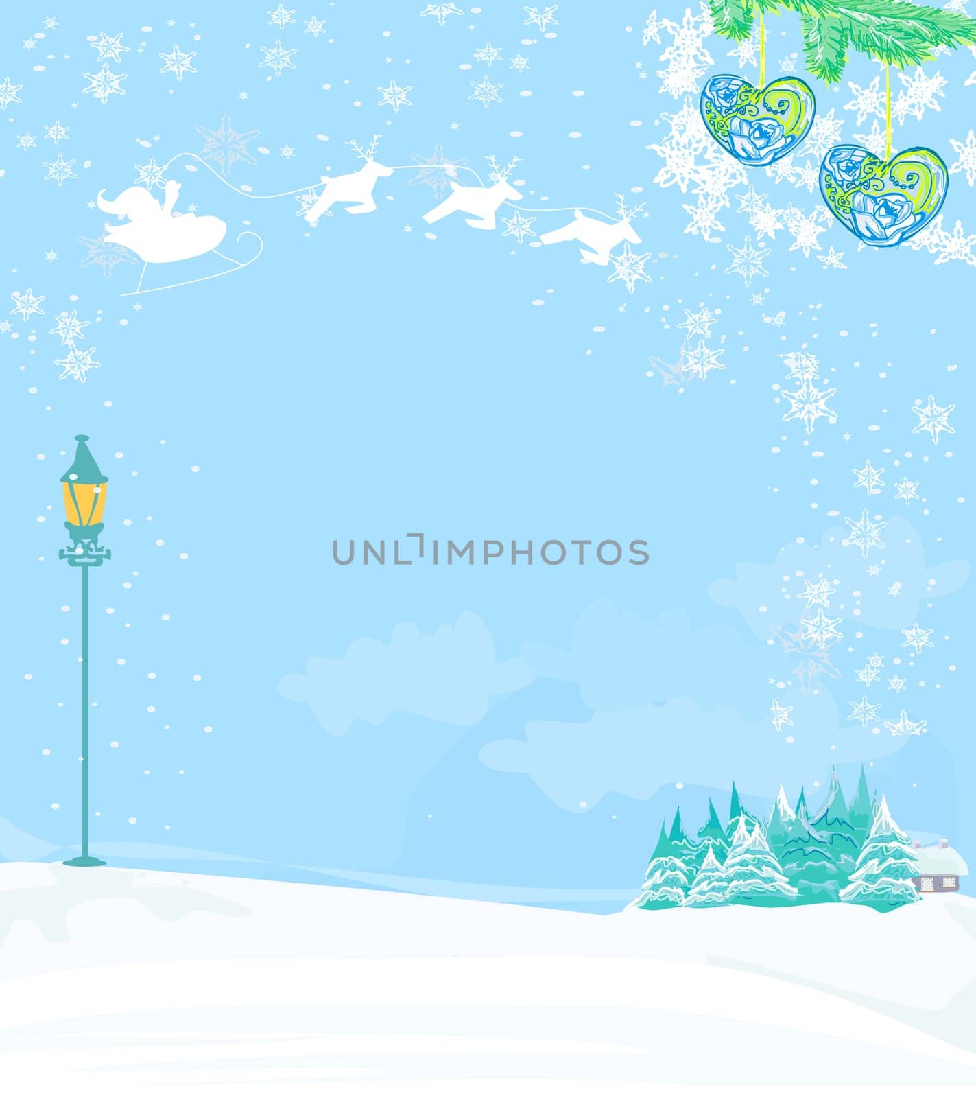 Happy New year card with Santa and winter landscape