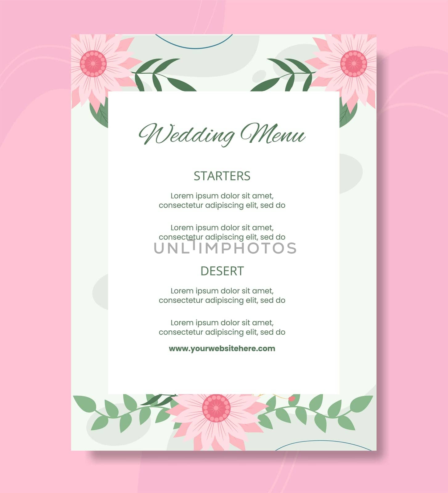 Floral Wedding Menu Template Flat Cartoon Background Vector Illustration