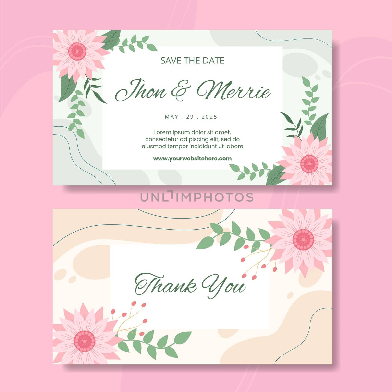 Floral Wedding Card Horizontal Template Flat Cartoon Background Vector Illustration