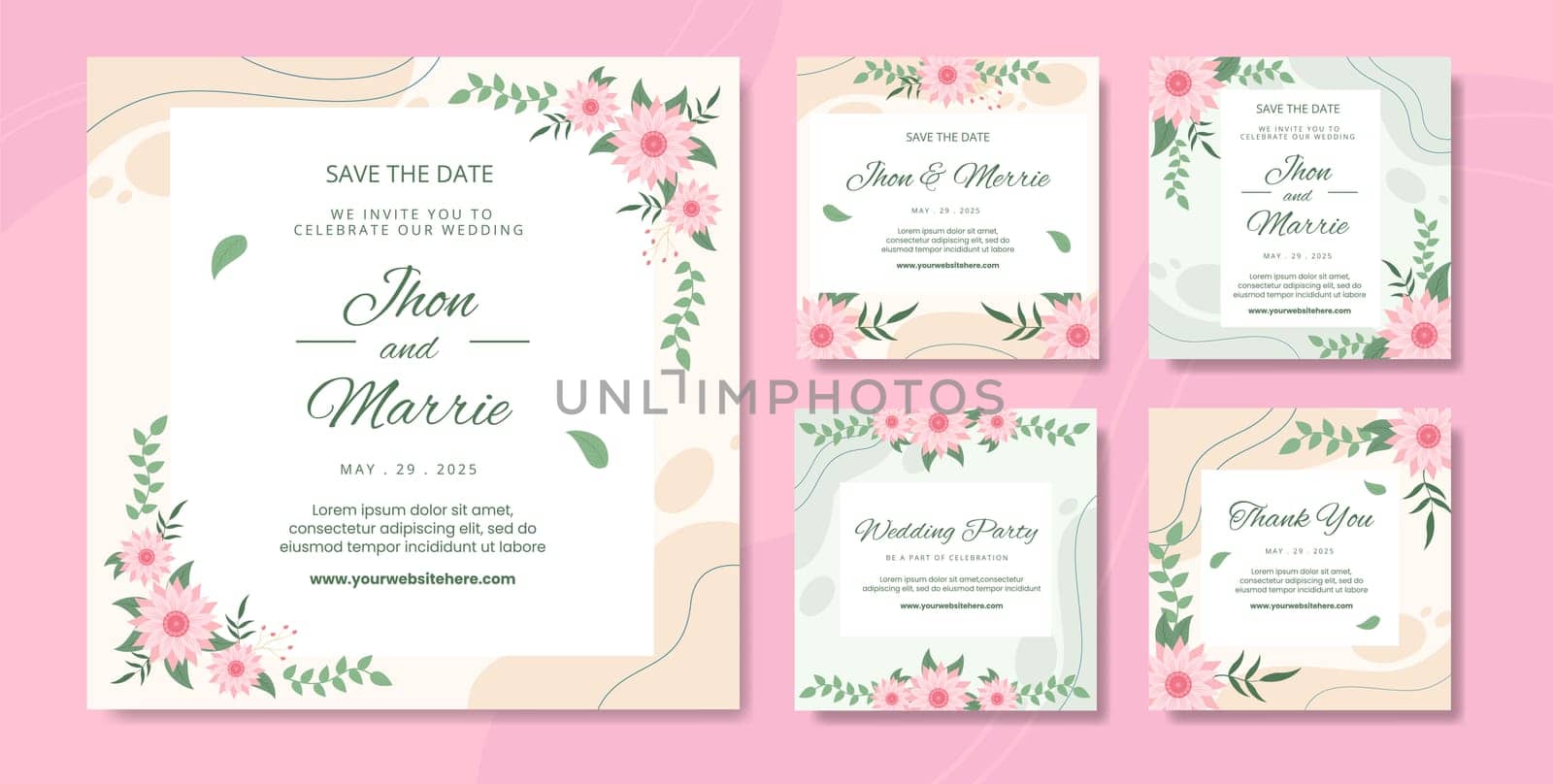 Floral Wedding Social Media Post Template Flat Cartoon Background Vector Illustration
