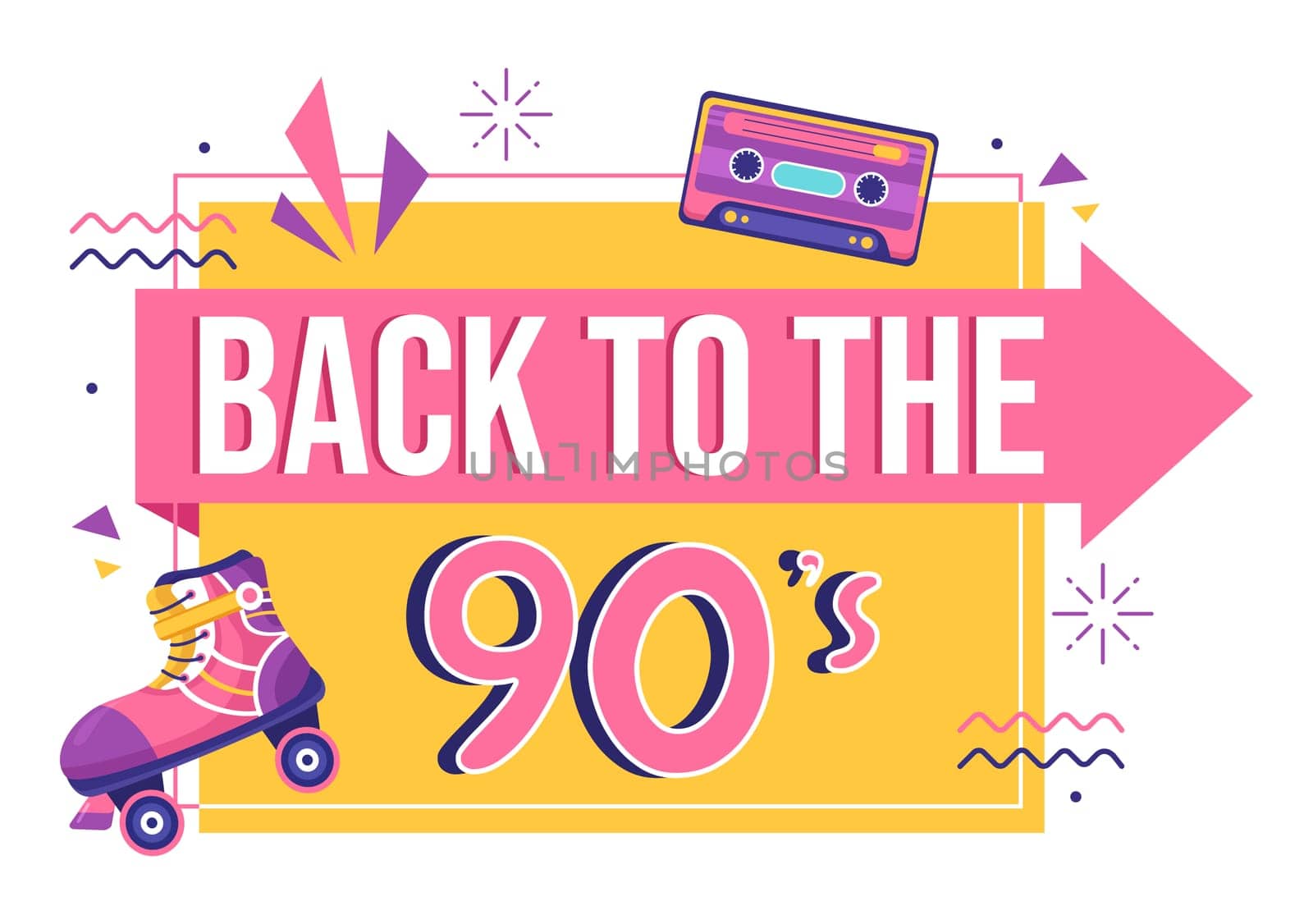 90s Retro Party Cartoon Background Illustration with Nineties Music, Sneakers, Radio, Dance Time and Tape Cassette in Trendy Flat Style Design