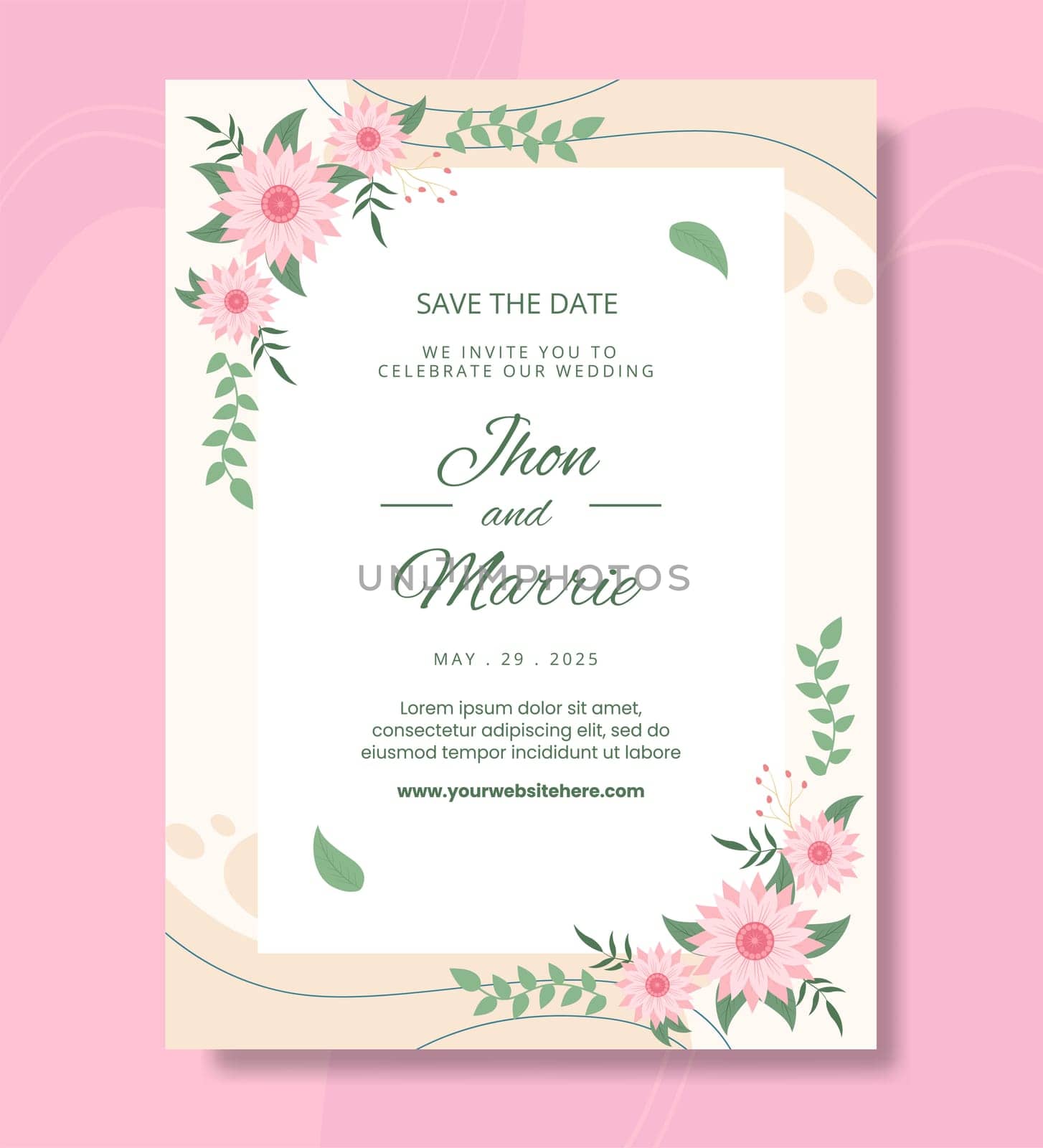 Floral Wedding Poster Template Flat Cartoon Background Vector Illustration