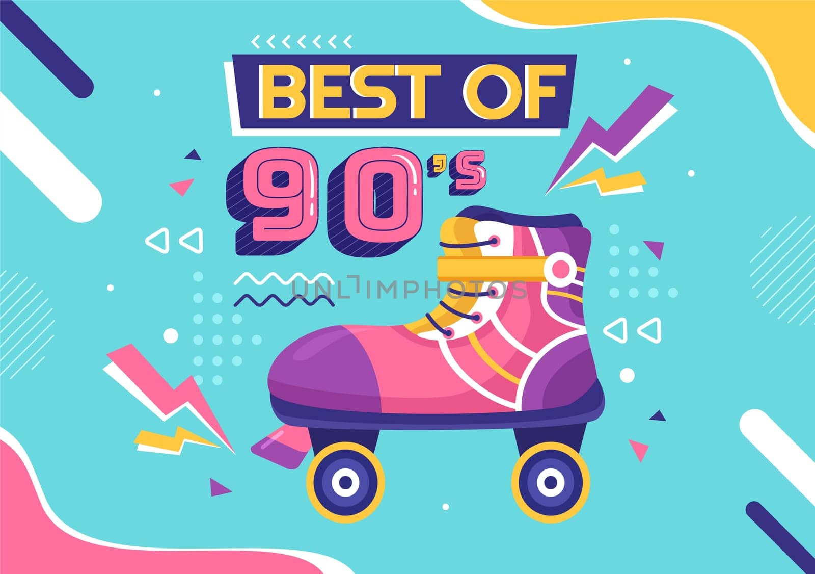 90s Retro Party Cartoon Background Illustration with Nineties Music, Sneakers, Radio, Dance Time and Tape Cassette in Trendy Flat Style Design