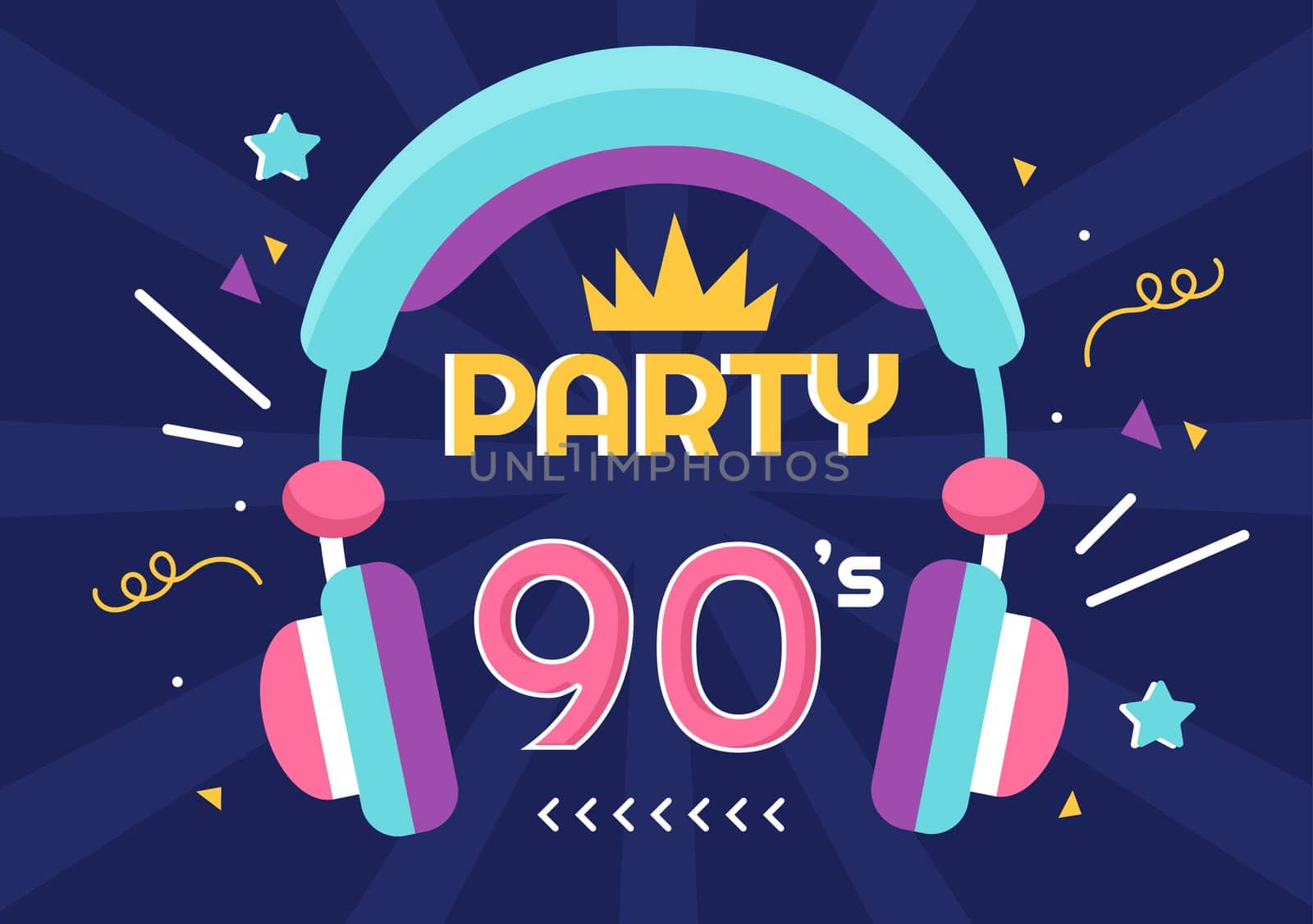 90s Retro Party Cartoon Background Illustration with Nineties Music, Sneakers, Radio, Dance Time and Tape Cassette in Trendy Flat Style Design