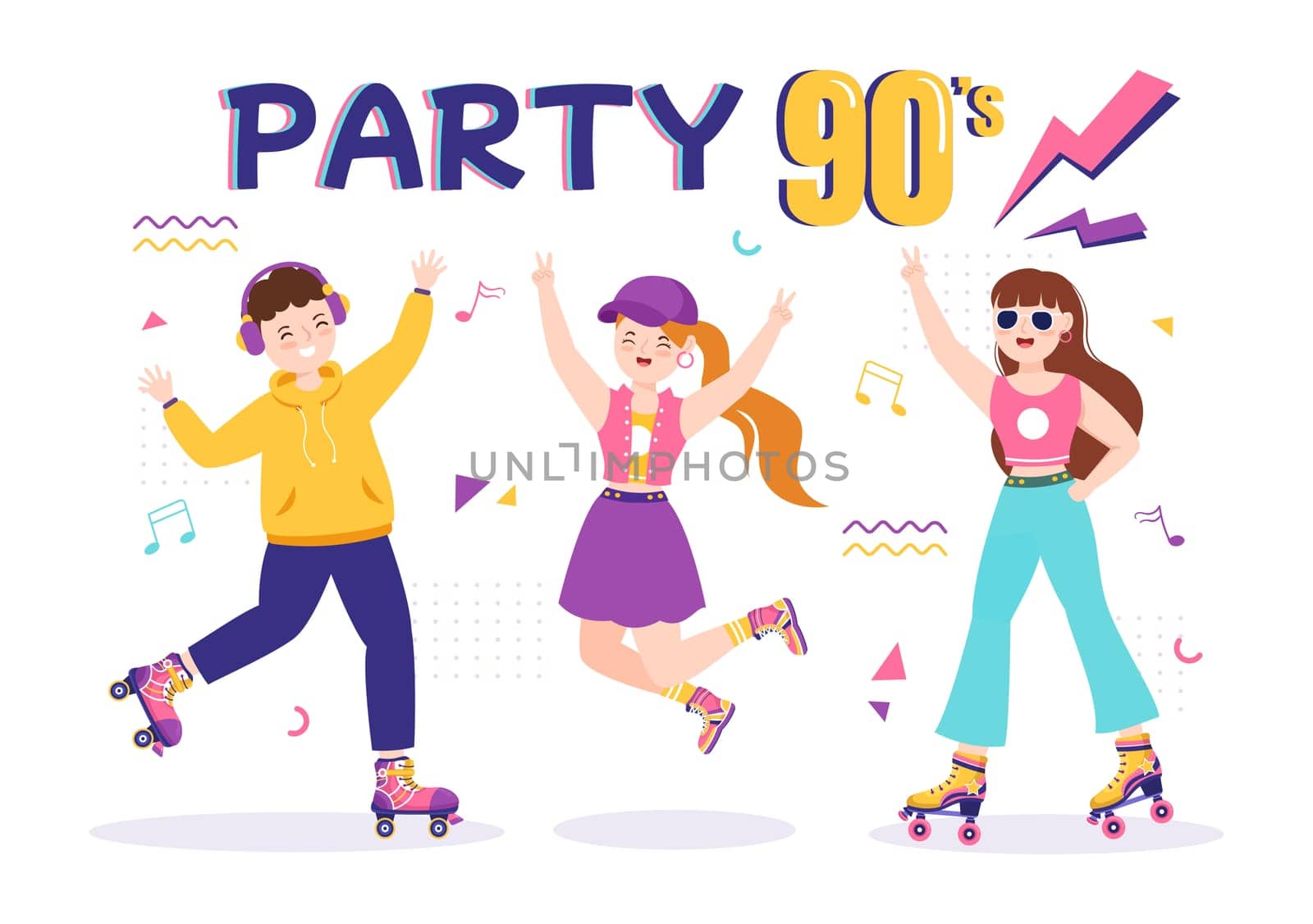 90s Retro Party Cartoon Background Illustration with Music, Sneakers, Radio and People of Dancing Time in Trendy Flat Style Design