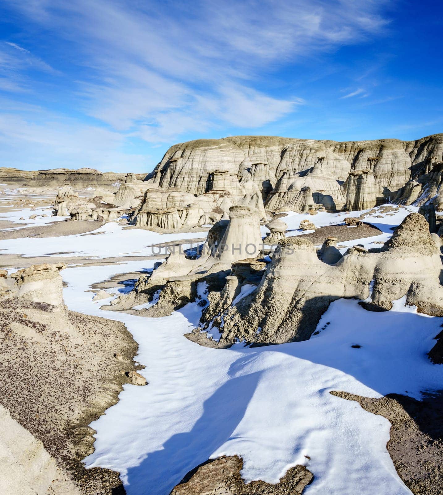 Scenic view of Bisti De-Na-Zin Wilderness area in New Mexico in winter