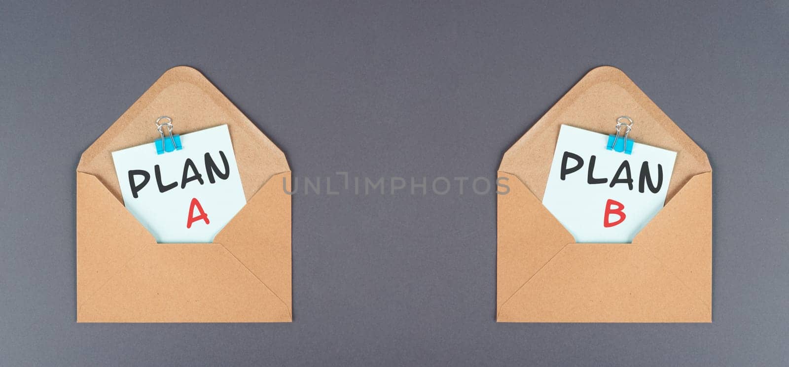Plan A and B standing on paper, brainstorming for possibilities, making a decision