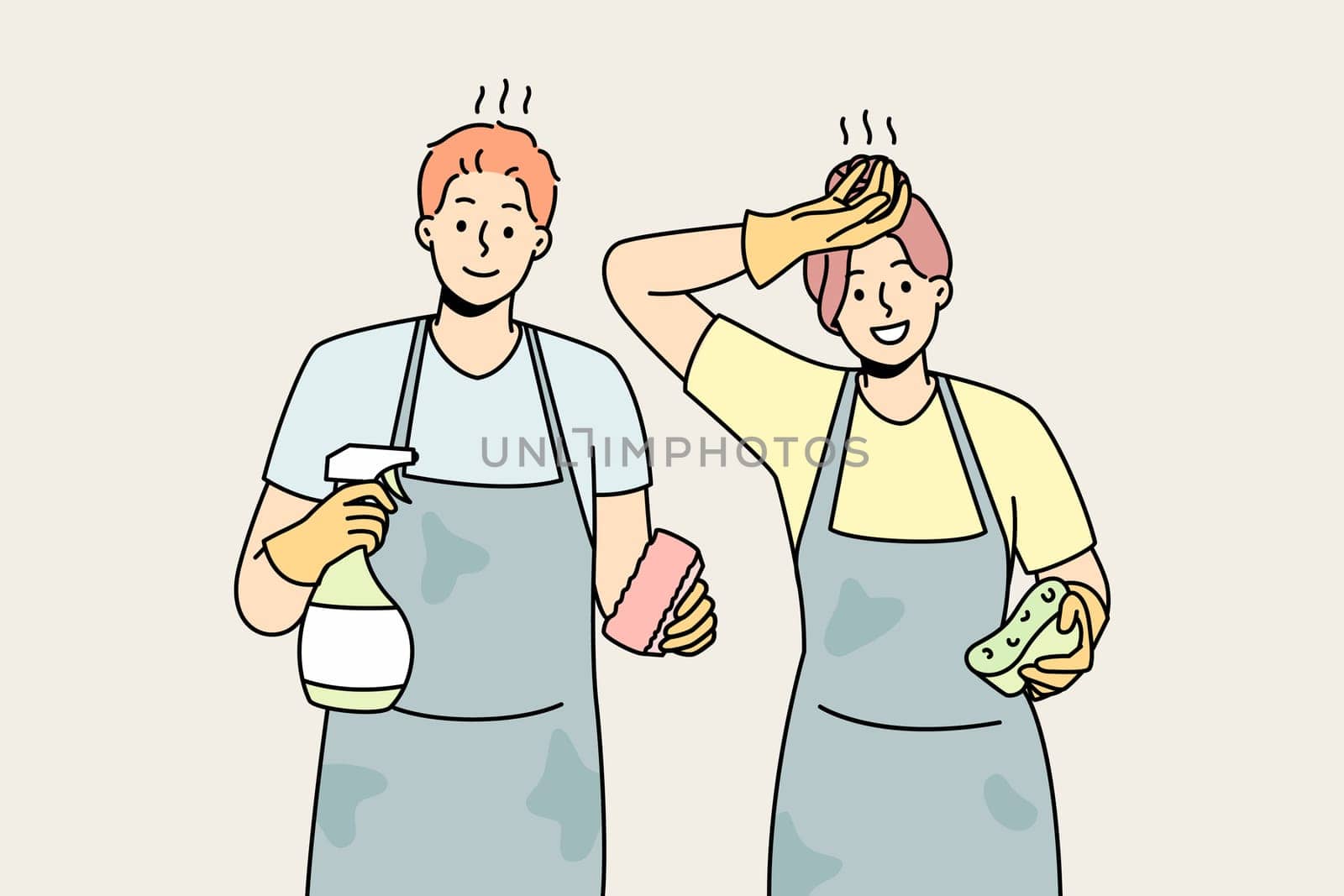 Exhausted couple feel tired after house cleaning. Man and woman in aprons housekeeping together. Household chores. Vector illustration.