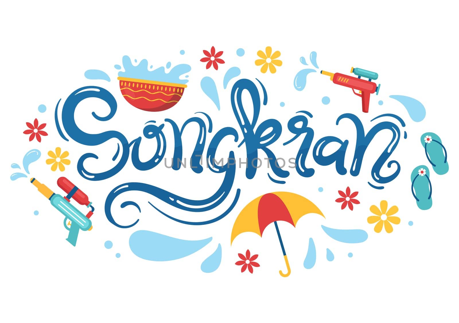 Happy Songkran Festival Day Hand Drawn Cartoon Illustration Playing Water Gun in Thailand Celebration in Flat Style Background Design