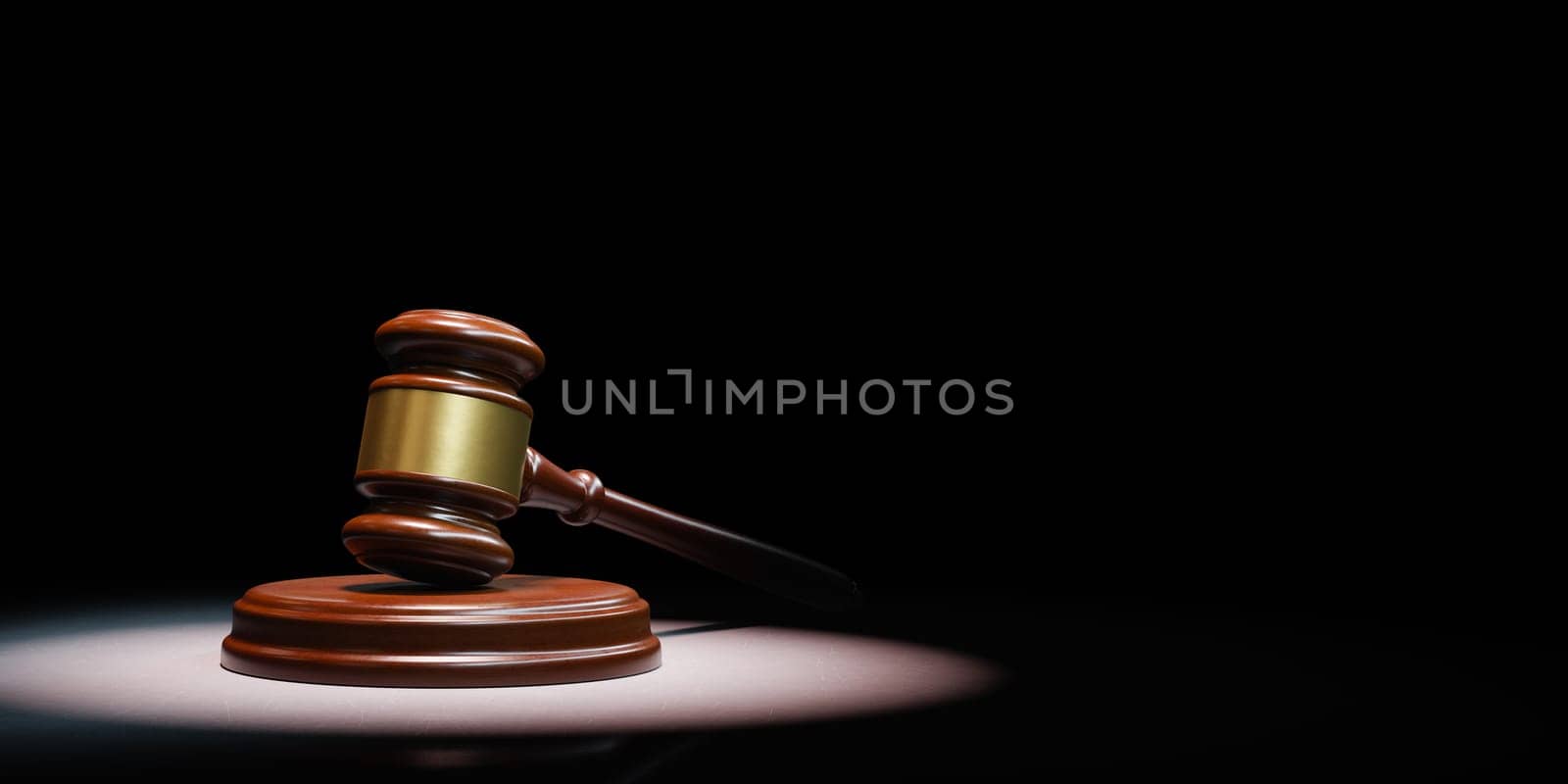 Judge's Gavel Spotlighted on Black Background with Copy Space 3D Render Illustration, Verdict Concept