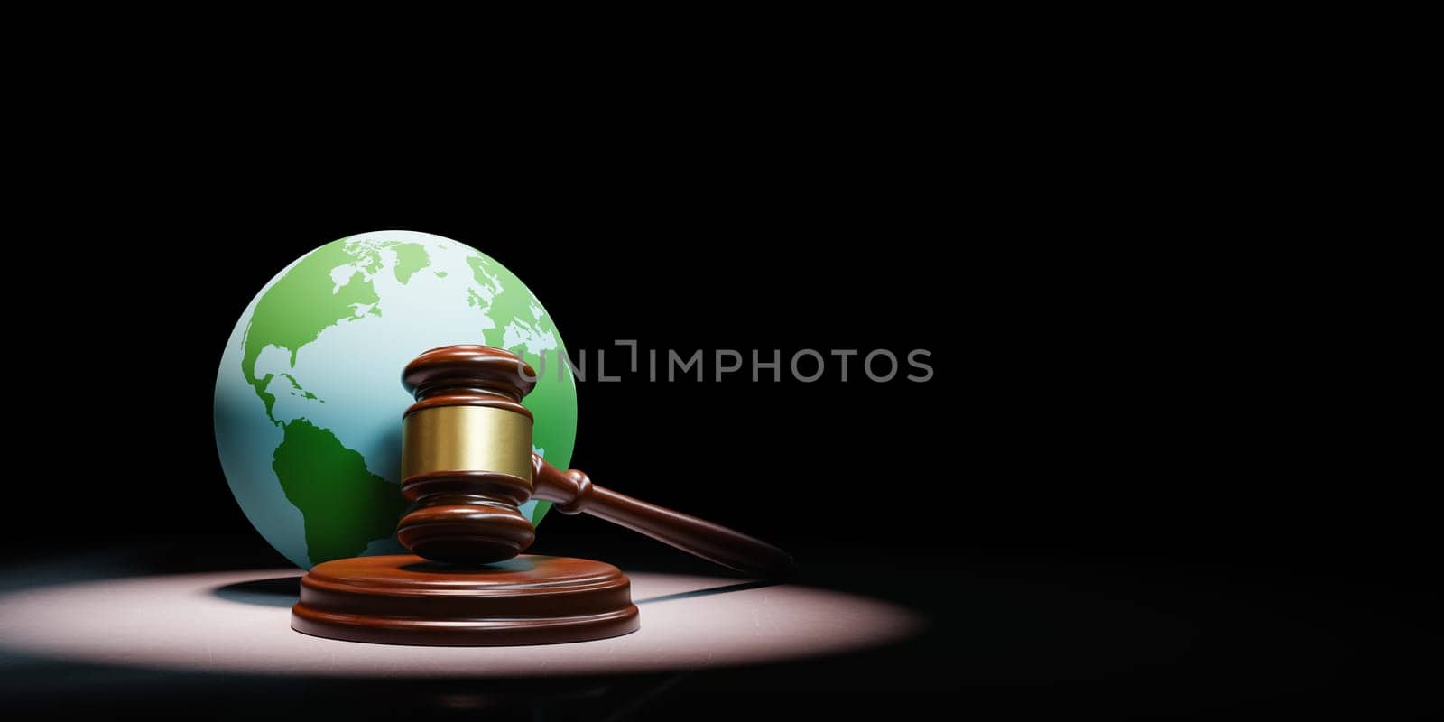 Judge's Gavel with Earth Planet Spotlighted on Black Background with Copy Space 3D Render Illustration, Judgment Concept