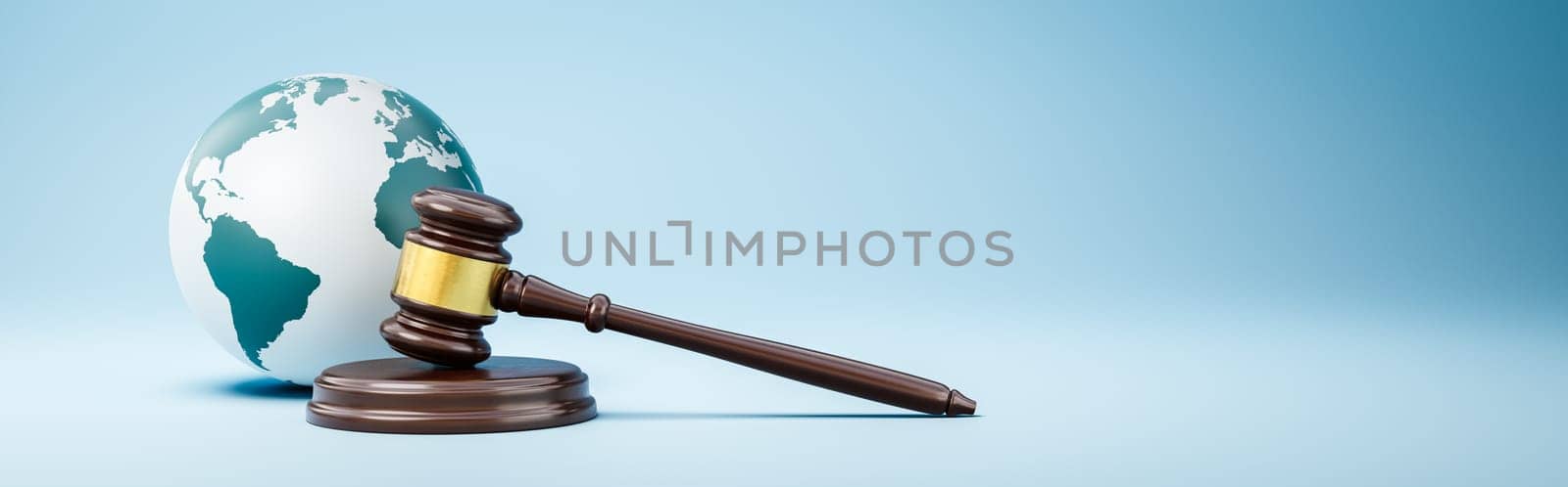 Judge's Gavel and Earth Planet on Blue Background with Copy Space 3D Render Illustration