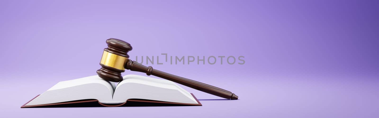 Judge's Gavel and an Open Book on Purple Background with Copy Space 3D Render Illustration