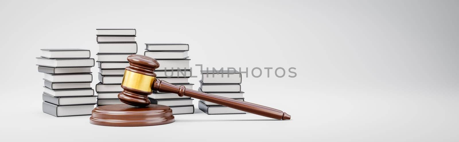 Judge's Gavel and Stacks of Books on Light Gray Background with Copy Space 3D Render Illustration