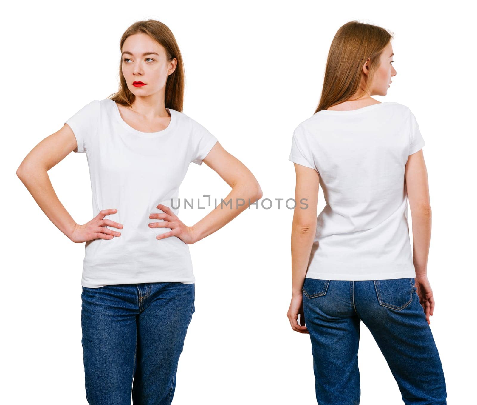 Sexy young woman wearing jeans and blank white shirt, front and back.