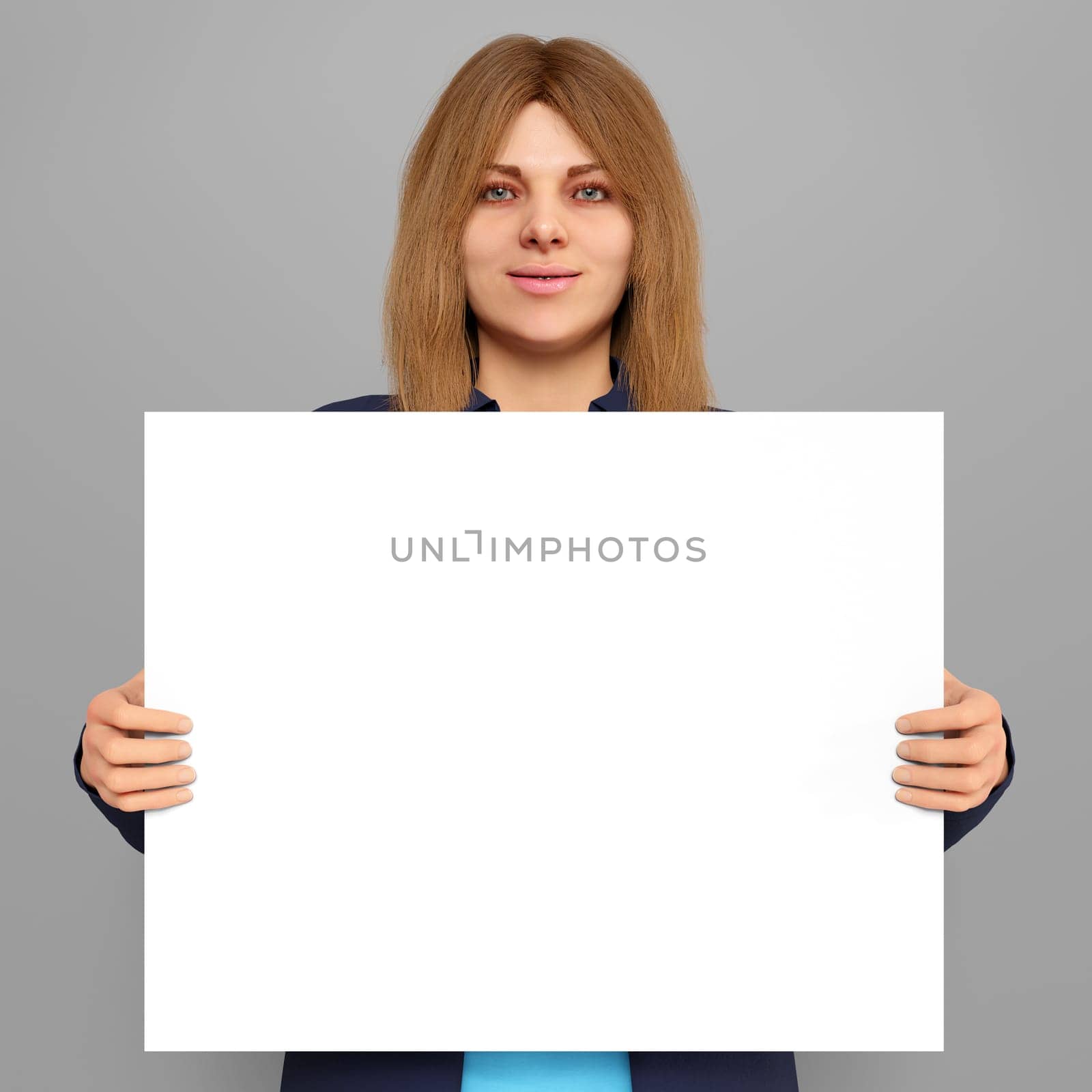 girl hold canvas white copy space 16 x 20 photo enlargement selling art online 3D illustration