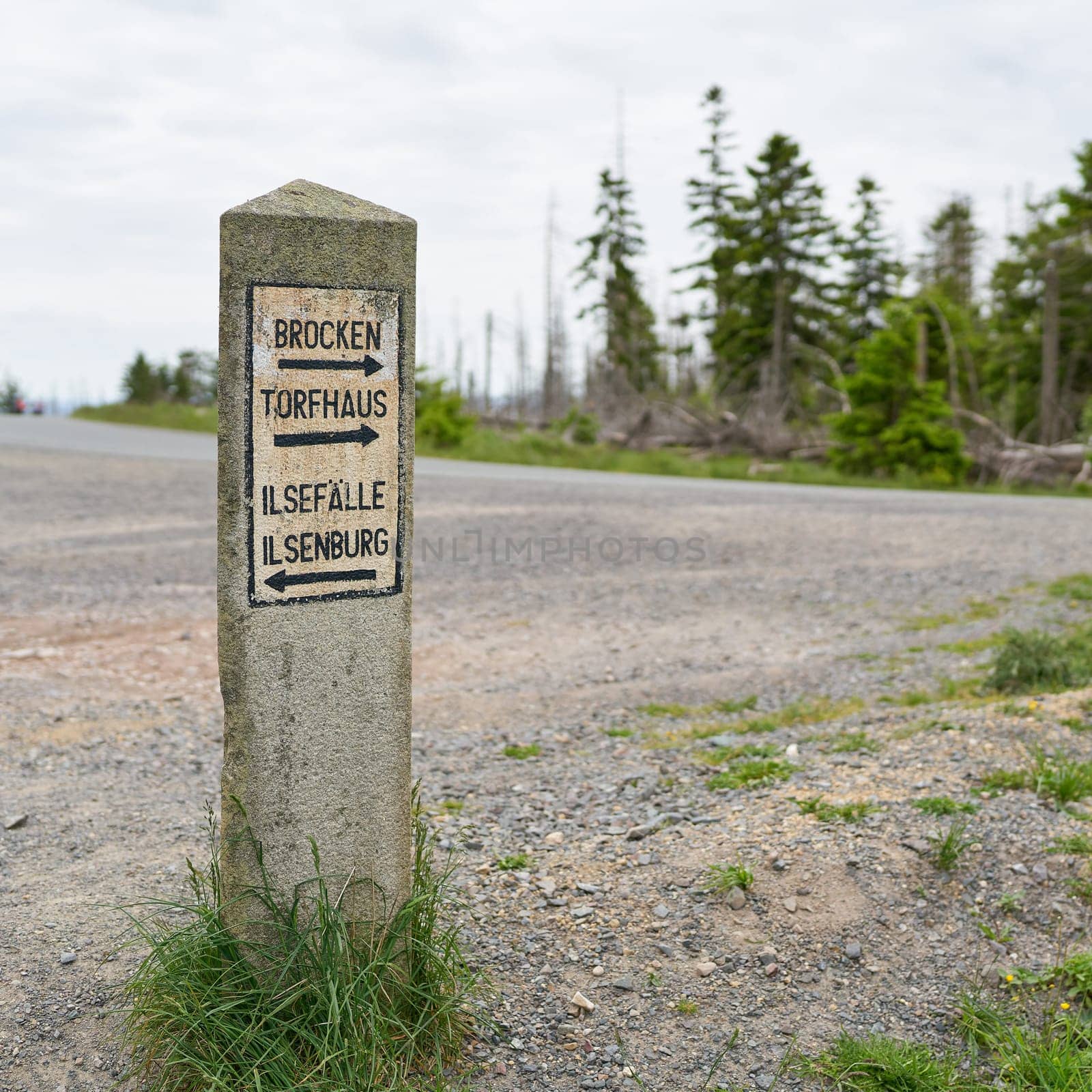 Stone signpost in the Harz National Park in Germany with directions to Torfhaus, Ilsenburg, Ilse waterfalls, and the Brocken summit