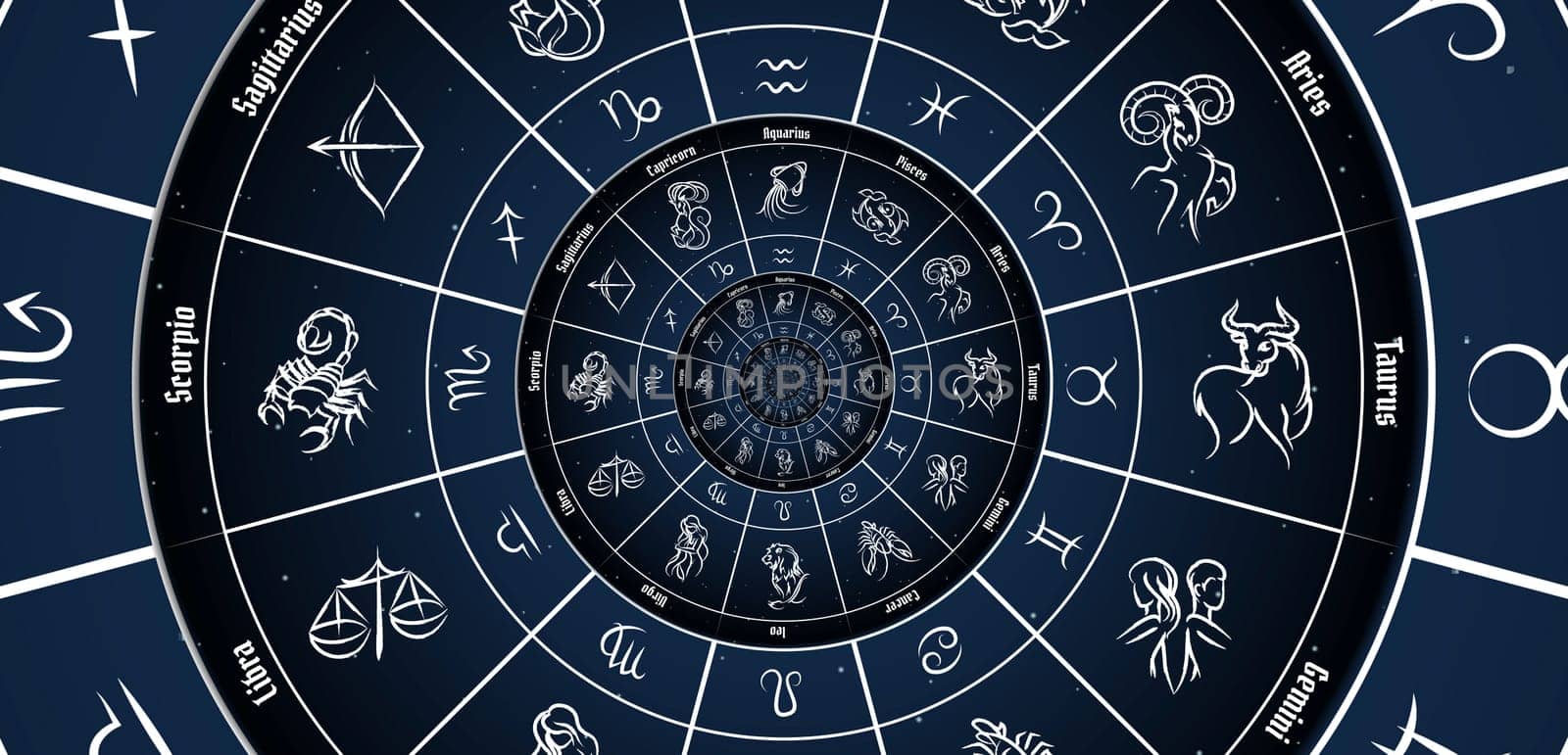 Astrological background with zodiac signs and symbol - blue