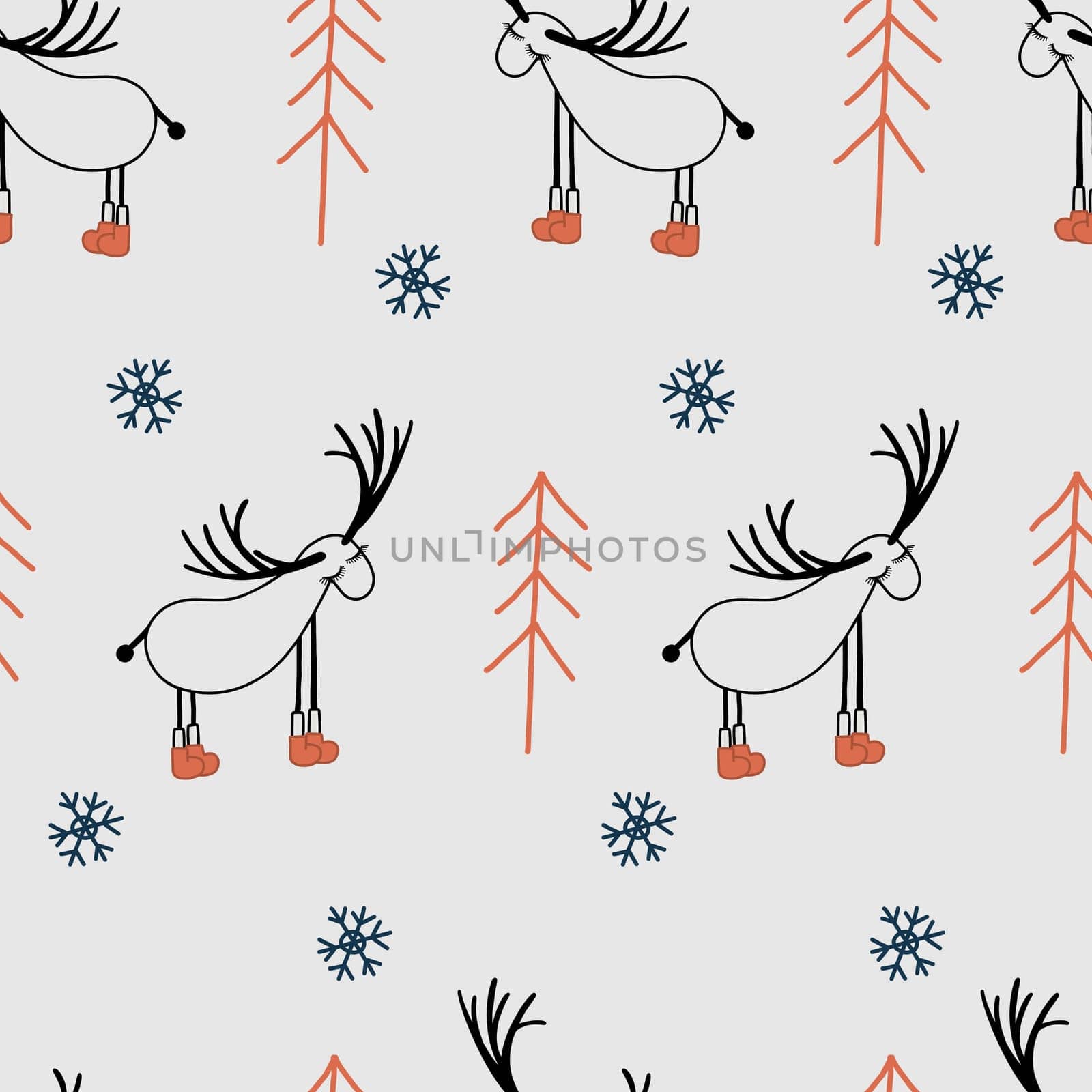 Seamless digital paper for children. Seamless pattern with deers. Reindeer. Scandinavian style. Light gray background.Modern vector illustration for textile and fabric design.
