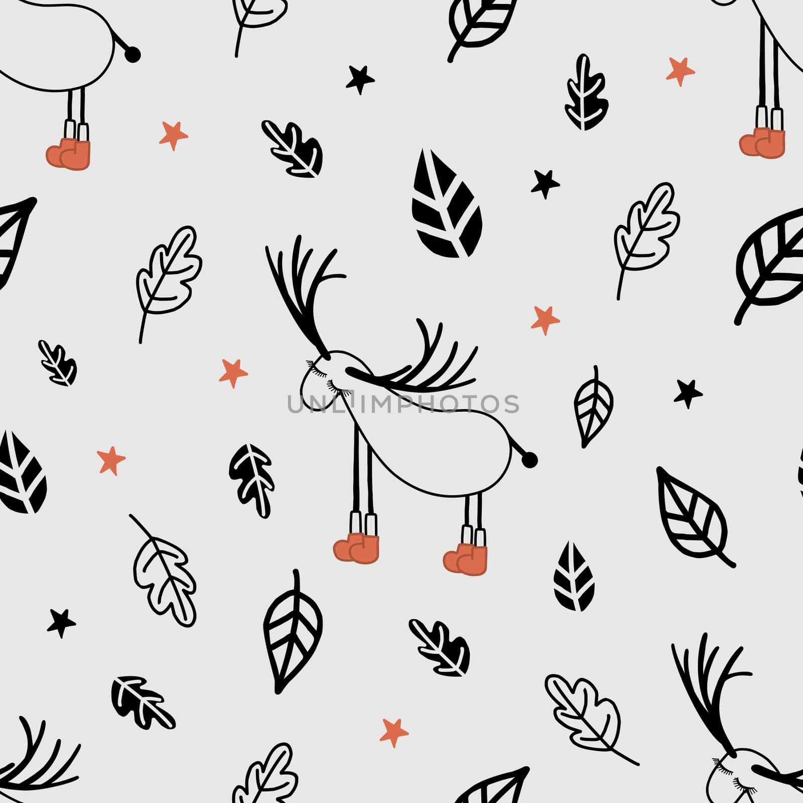 Seamless digital paper for children. Seamless pattern with deers. Reindeer. Scandinavian style. Light gray background.Modern vector illustration for textile and fabric design.