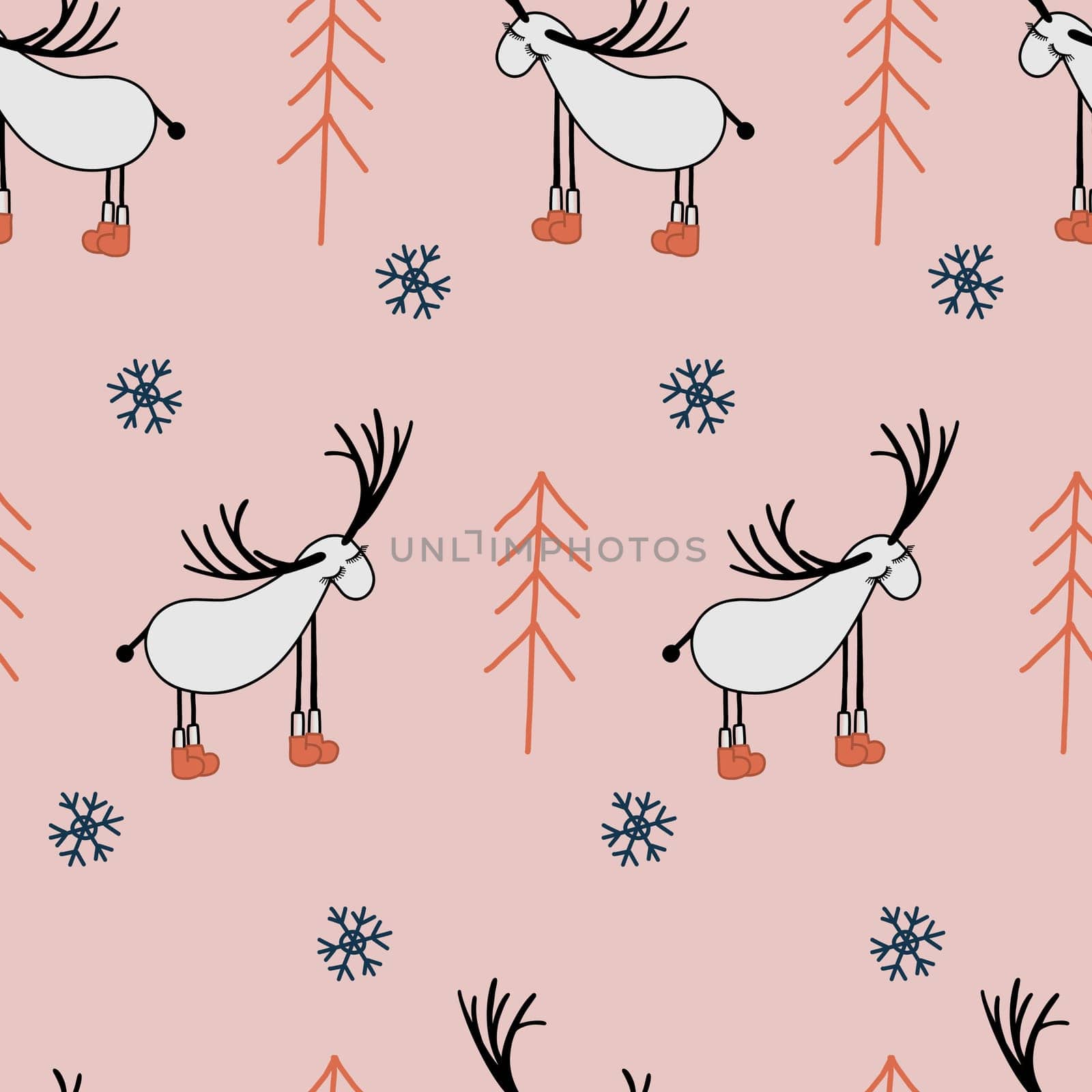 Seamless digital paper for children. Seamless pattern with deers. Reindeer. Scandinavian style. Light pink background.Modern vector illustration for textile and fabric design.