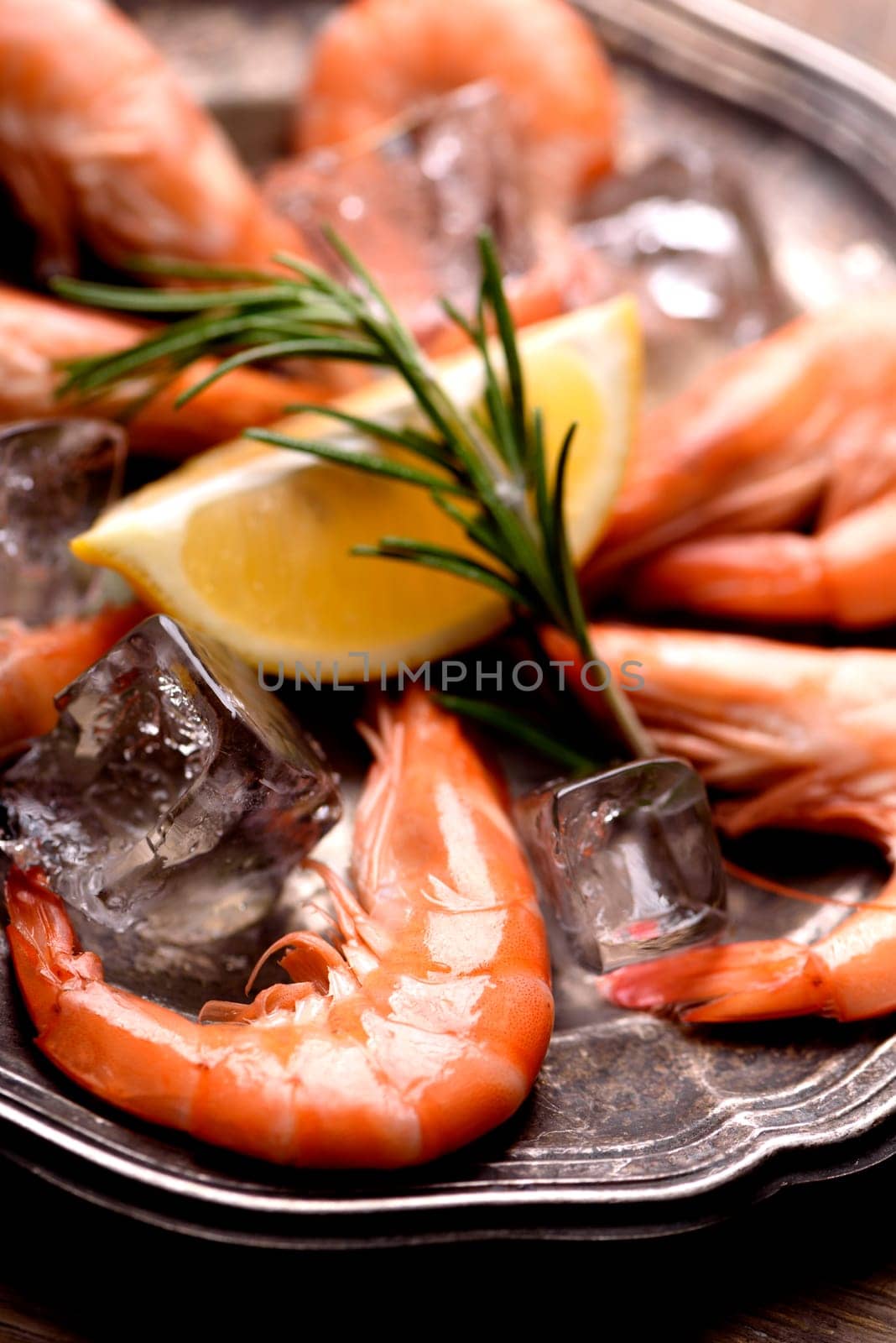Fresh shrimps with rosemary spices and lemon on ice in silver plate. Closeup of seafood ingredients.