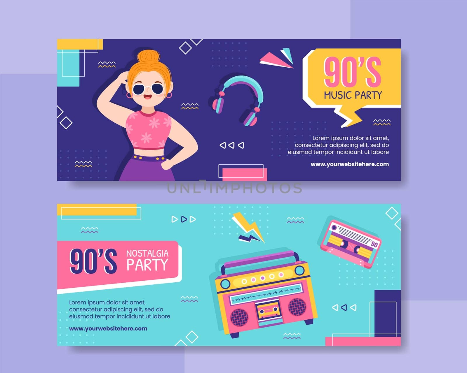 90s Retro Party Horizontal Banner Template Flat Cartoon Background Vector Illustration