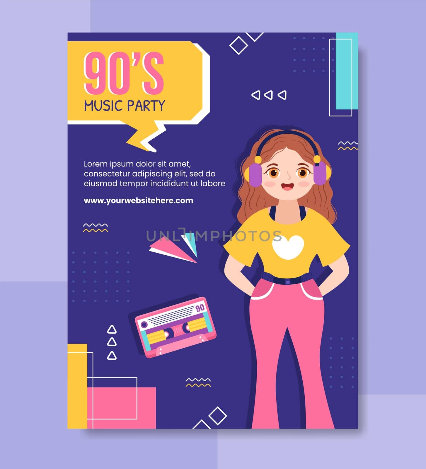 90s Retro Party Poster Template Flat Cartoon Background Vector Illustration