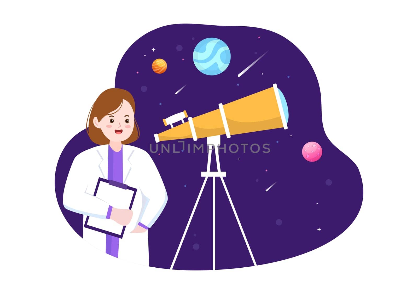 Astronomy Cartoon Illustration with People Watching Night Starry Sky, Galaxy and Planets in Outer Space Through Telescope in Flat Hand Drawn Style
