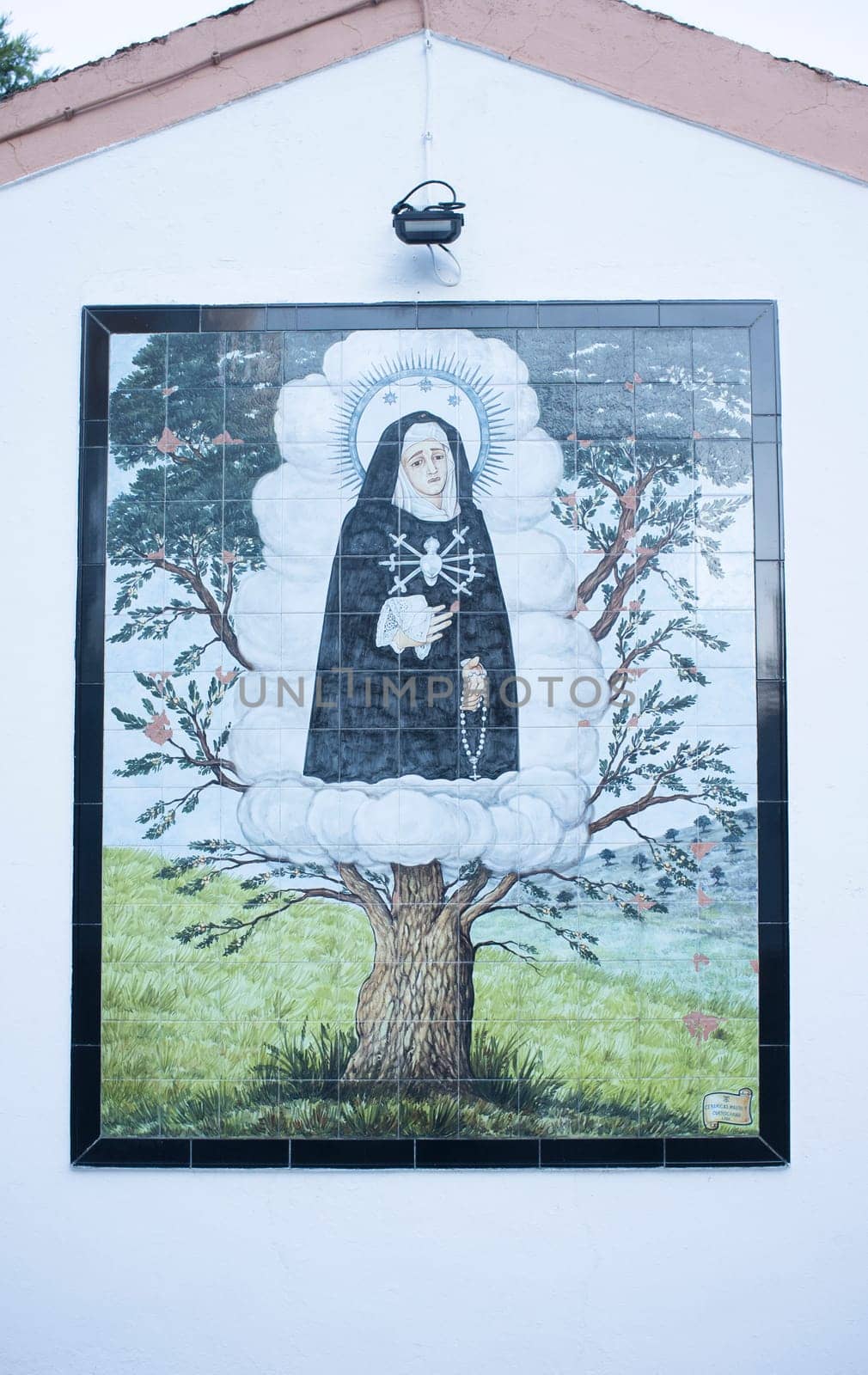 La Codosera, Spain - August 21th, 2021: Sanctuary of Our Lady of Chandavila. Glazed tile wall depicting the Virgin