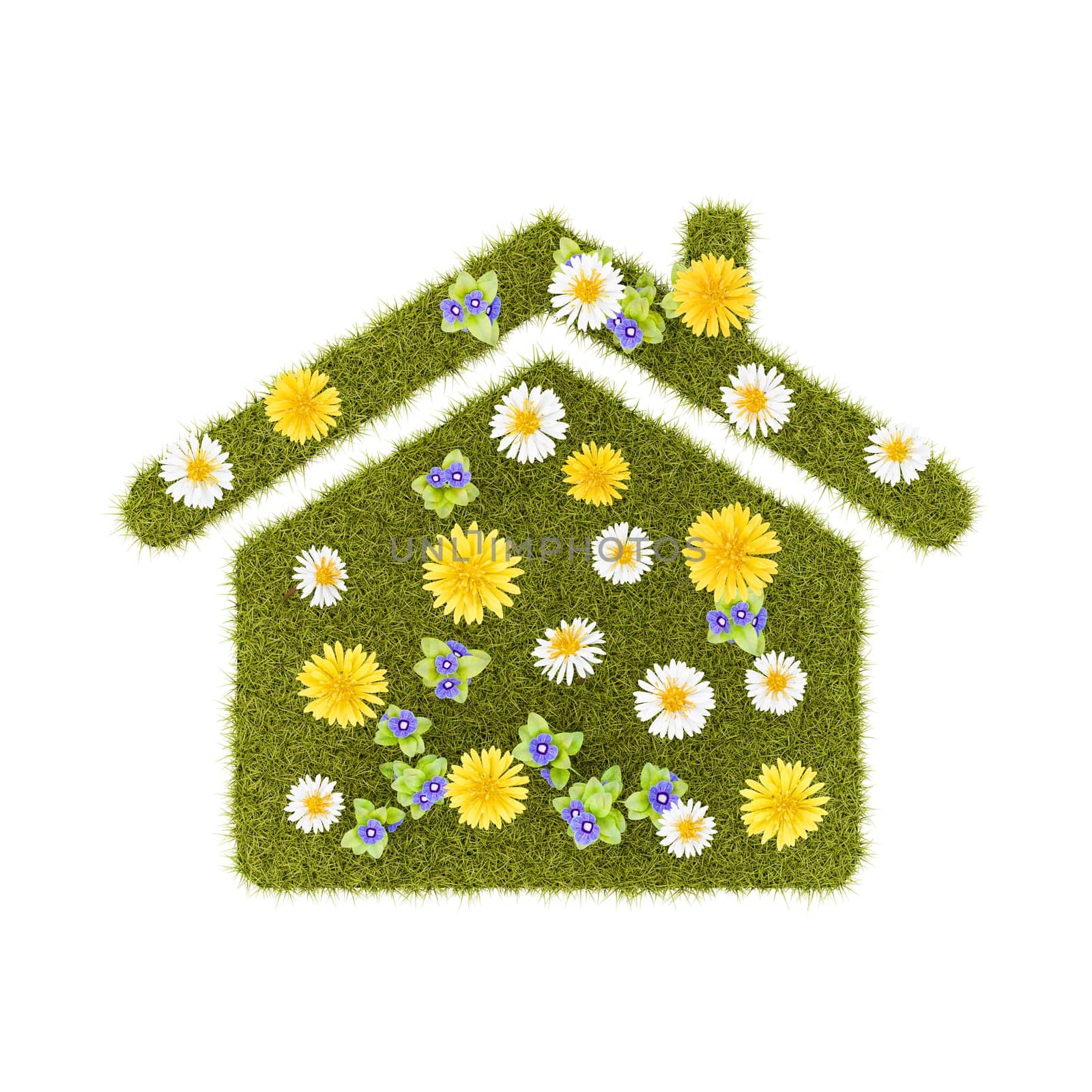 Flowery Grassy House Symbol Shape Isolated on White Background 3D Illustration