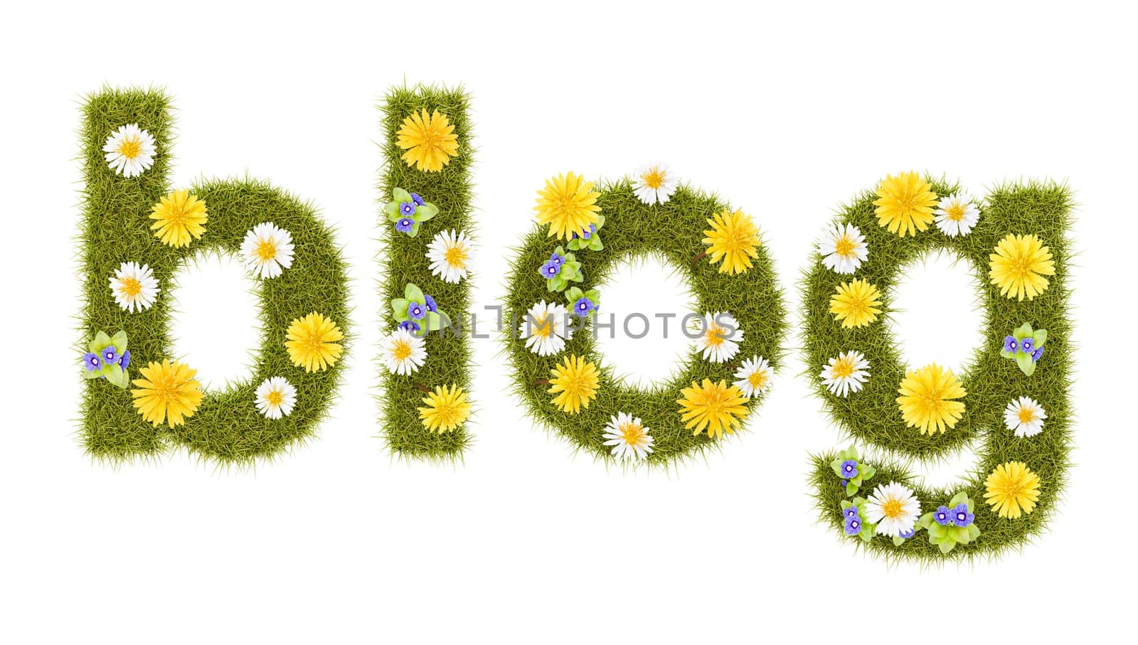 Flowery Grassy Blog Text Shape Isolated on White Background 3D Render Illustration