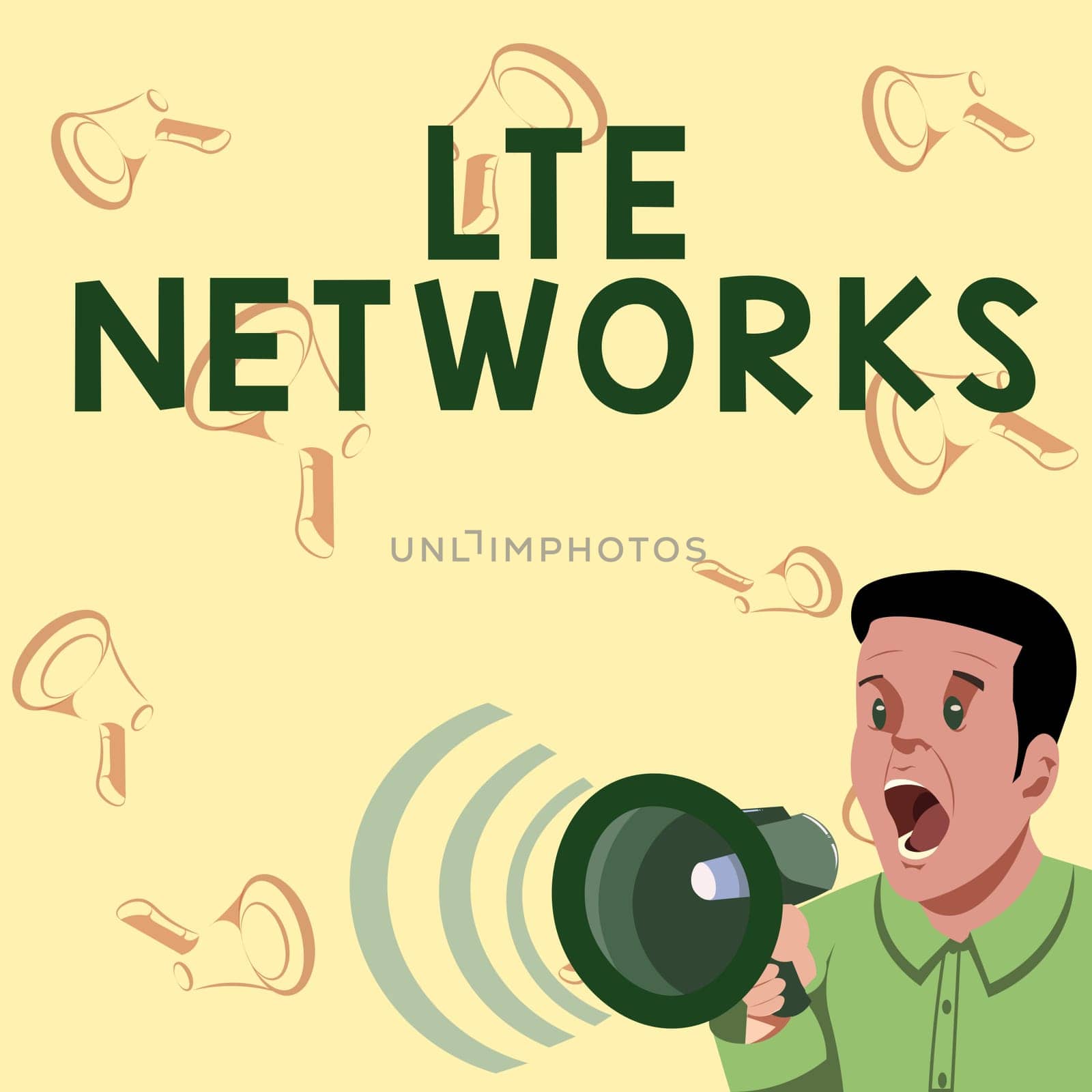 Text showing inspiration Lte Networks, Business idea Fastest network connection available for wireless communication Businessman Talking Through Megaphone Making Wonderful New Announcement