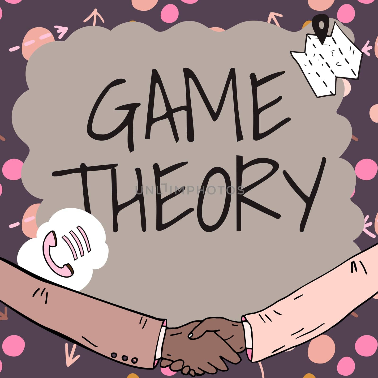 Sign displaying Game Theory, Word Written on branch of mathematics concerned with analysis of strategies Empty frame decorated with communication symbols represent business meeting